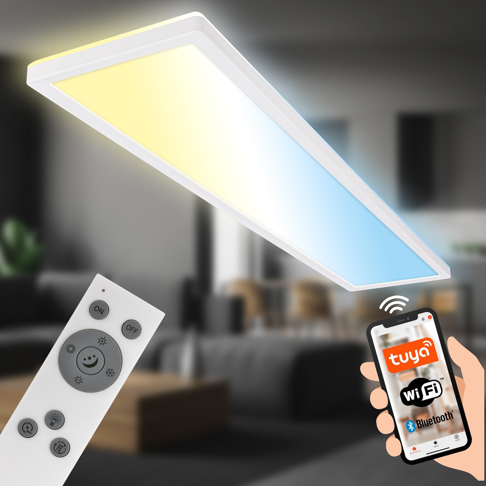 Smart LED loftlampe Tava, 98x20 cm, CCT, dæmpbar