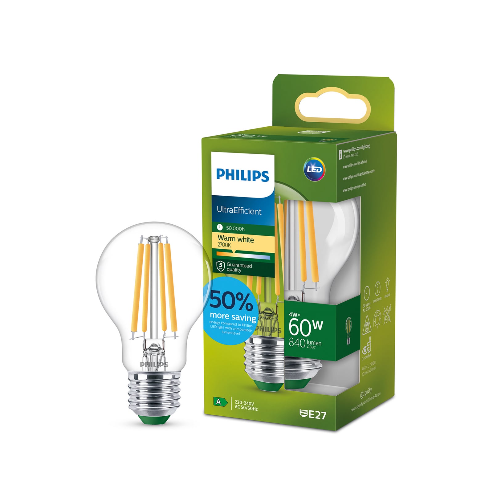 Philips E27 LED bulb A60 4W 840lm 2,700K clear