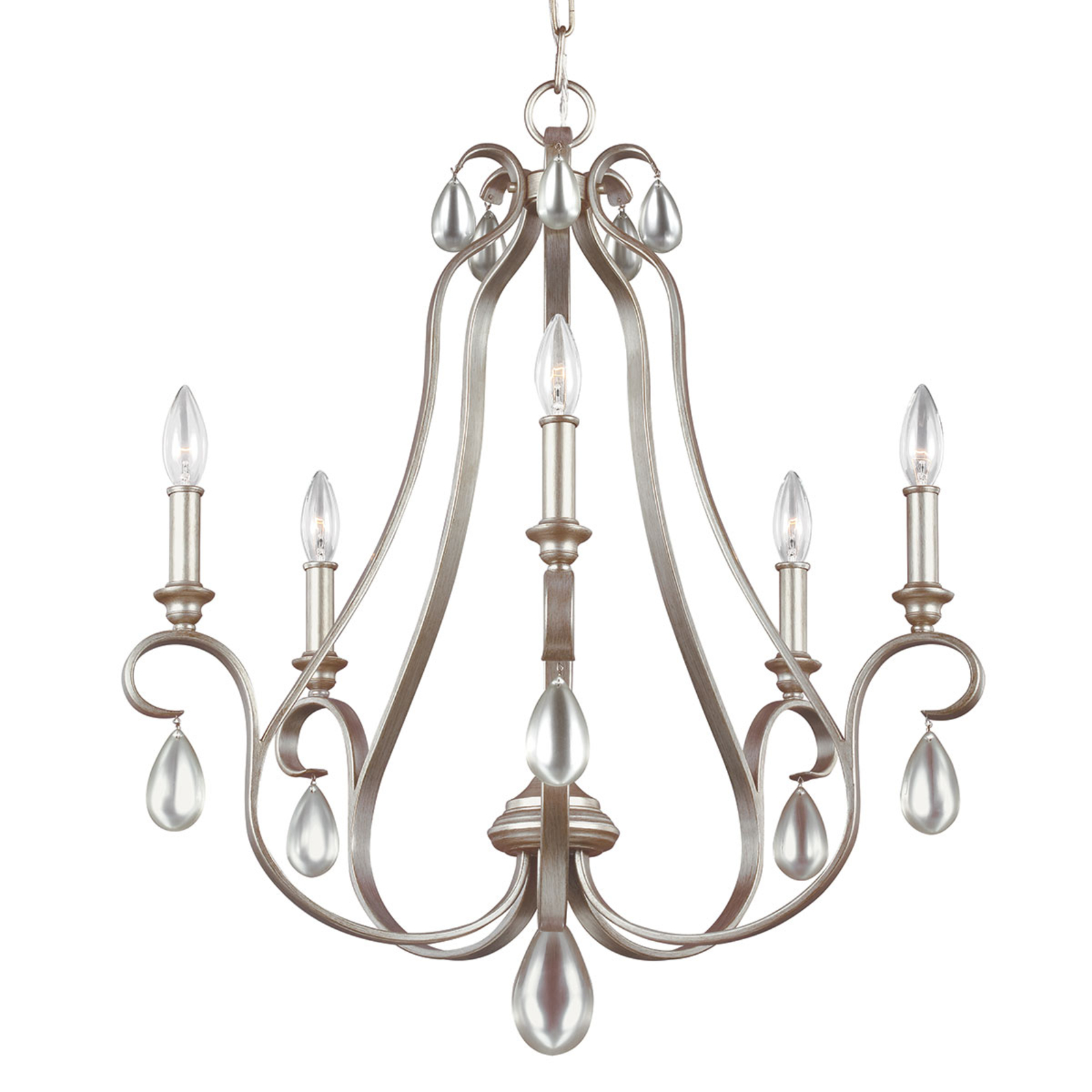 FEISS Five-bulb chandelier Dewitt with a silver finish, for Living / Dining Room, metal, crystal, E14, 60 W, energy efficiency: A++, H: 73.7 cm