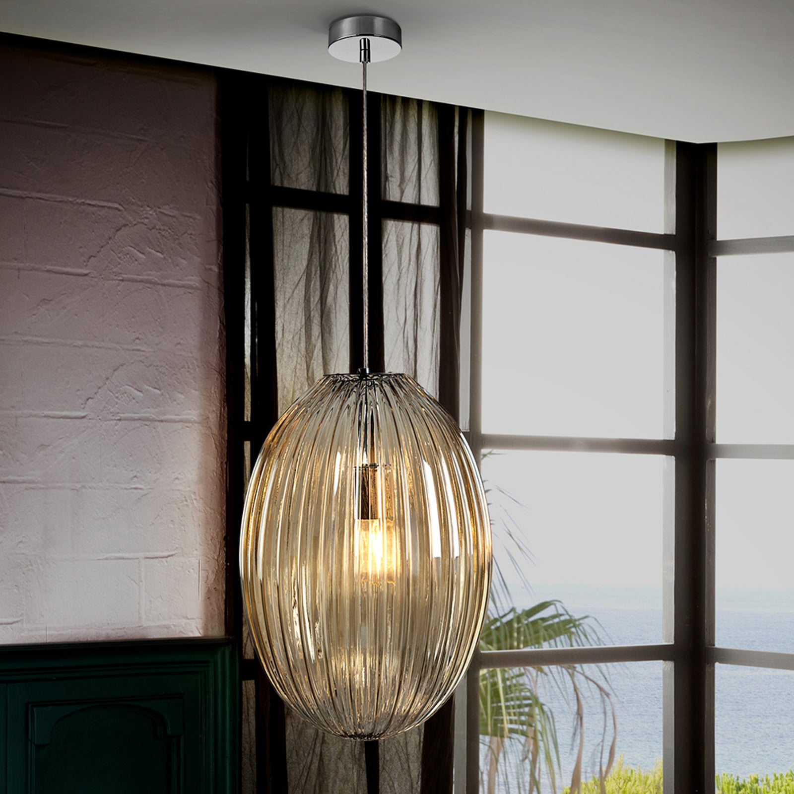 Hanglamp Ovila, 1-lamp, Ø 30 cm, chroom/cognac, glas