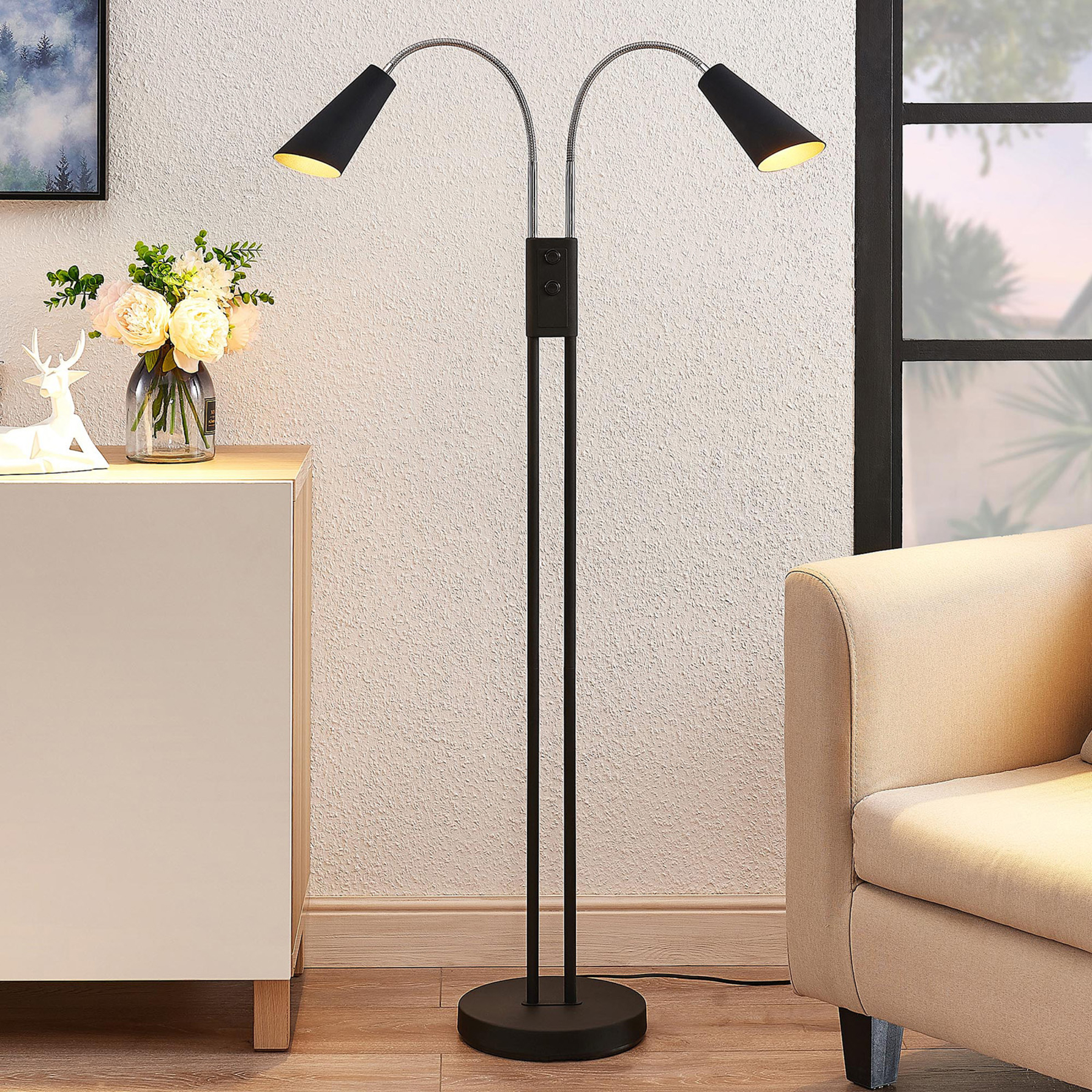 Lucande Medira floor lamp, two-bulb, black, for Living / Dining Room, metal, GU10, 28 W, energy efficiency: A++, L: 58 cm, W: 25 cm, H: 124 cm