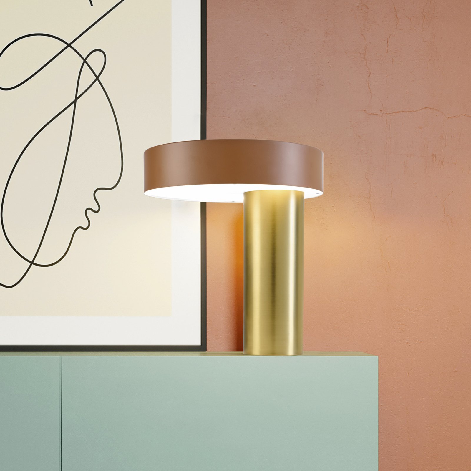 Lámpara mesa Amanita, marrón rojizo/oro cepillado