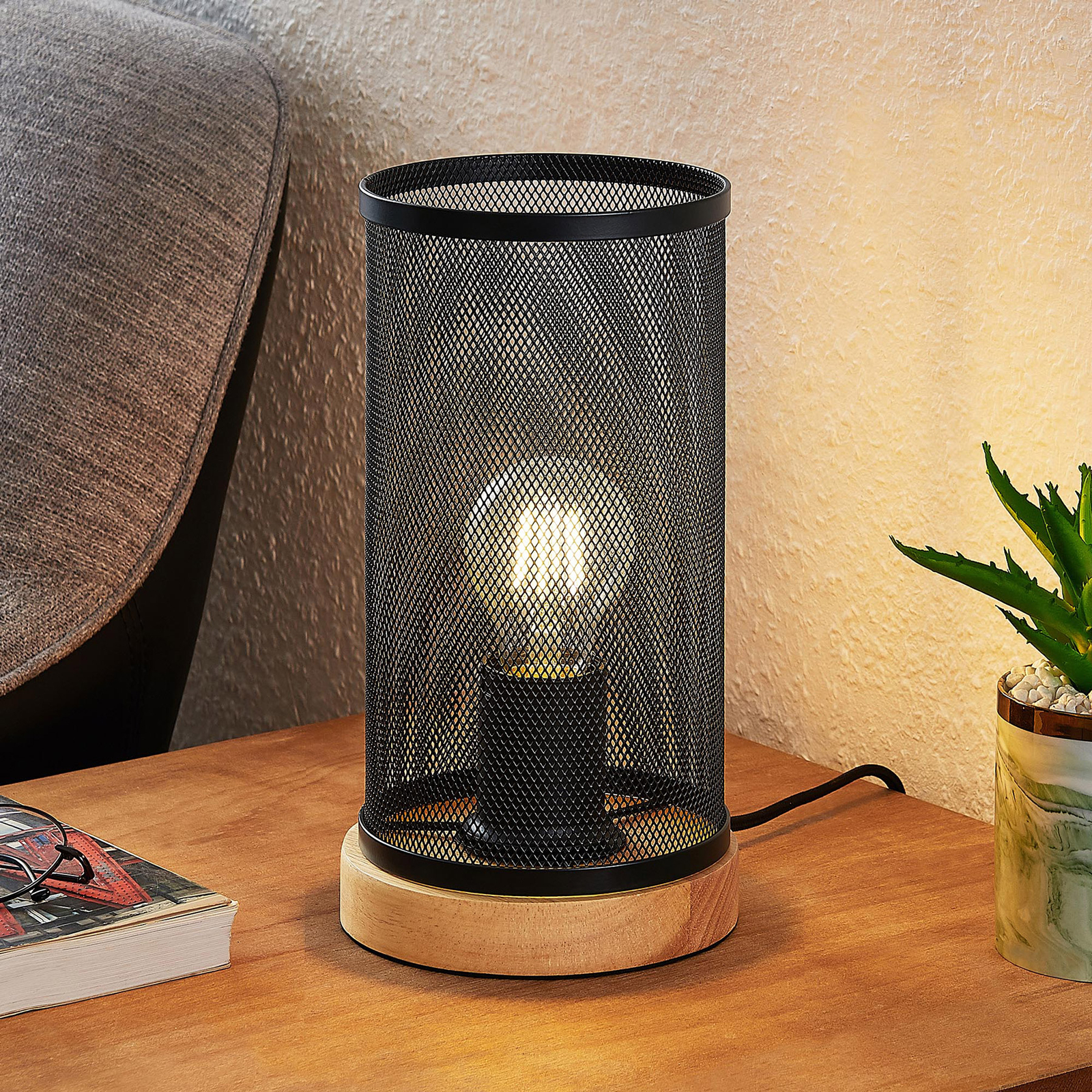 Lindby Kiriya lámpara mesa con pantalla de rejilla