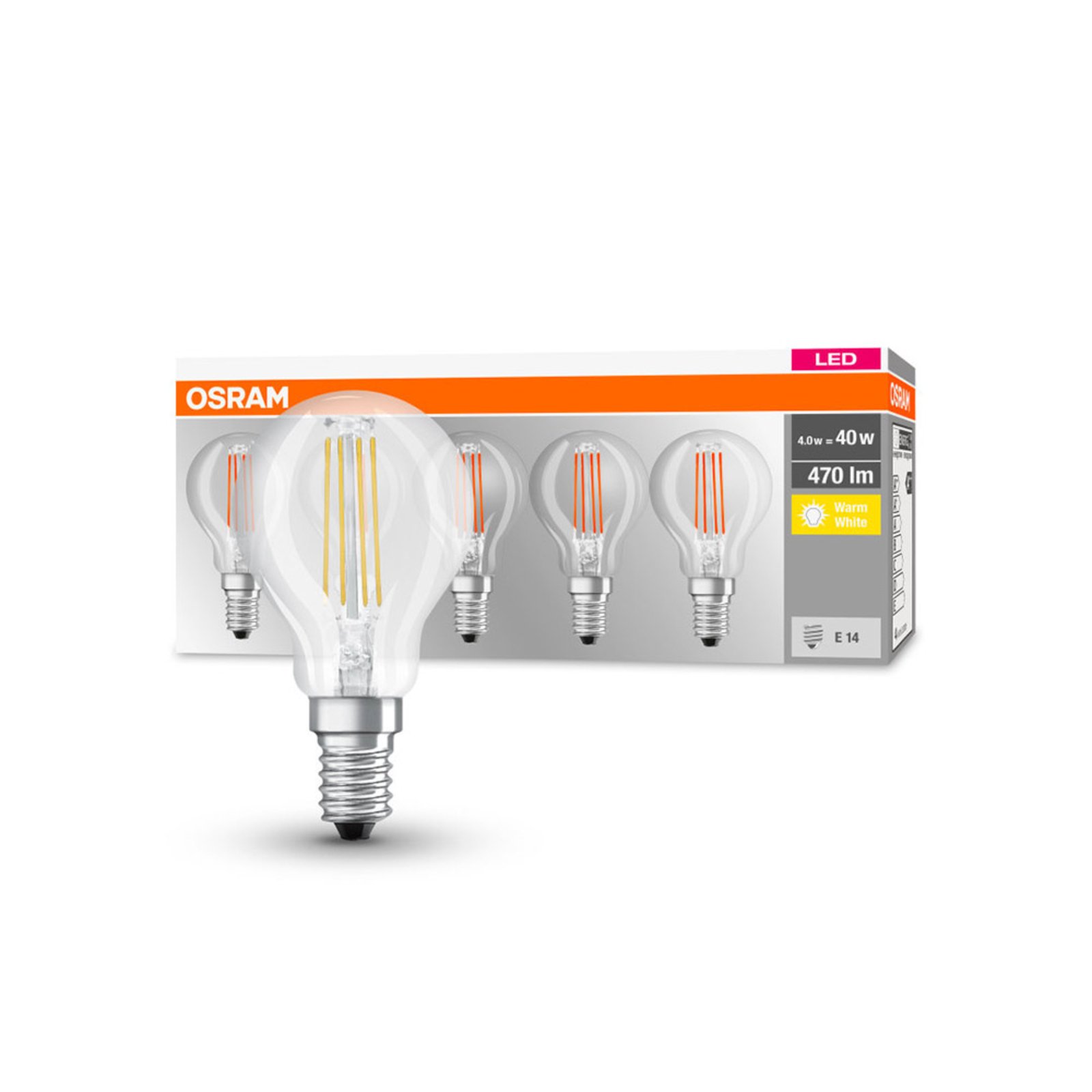 OSRAM LED bulb E14 P40 4W filament 827 470lm 5x