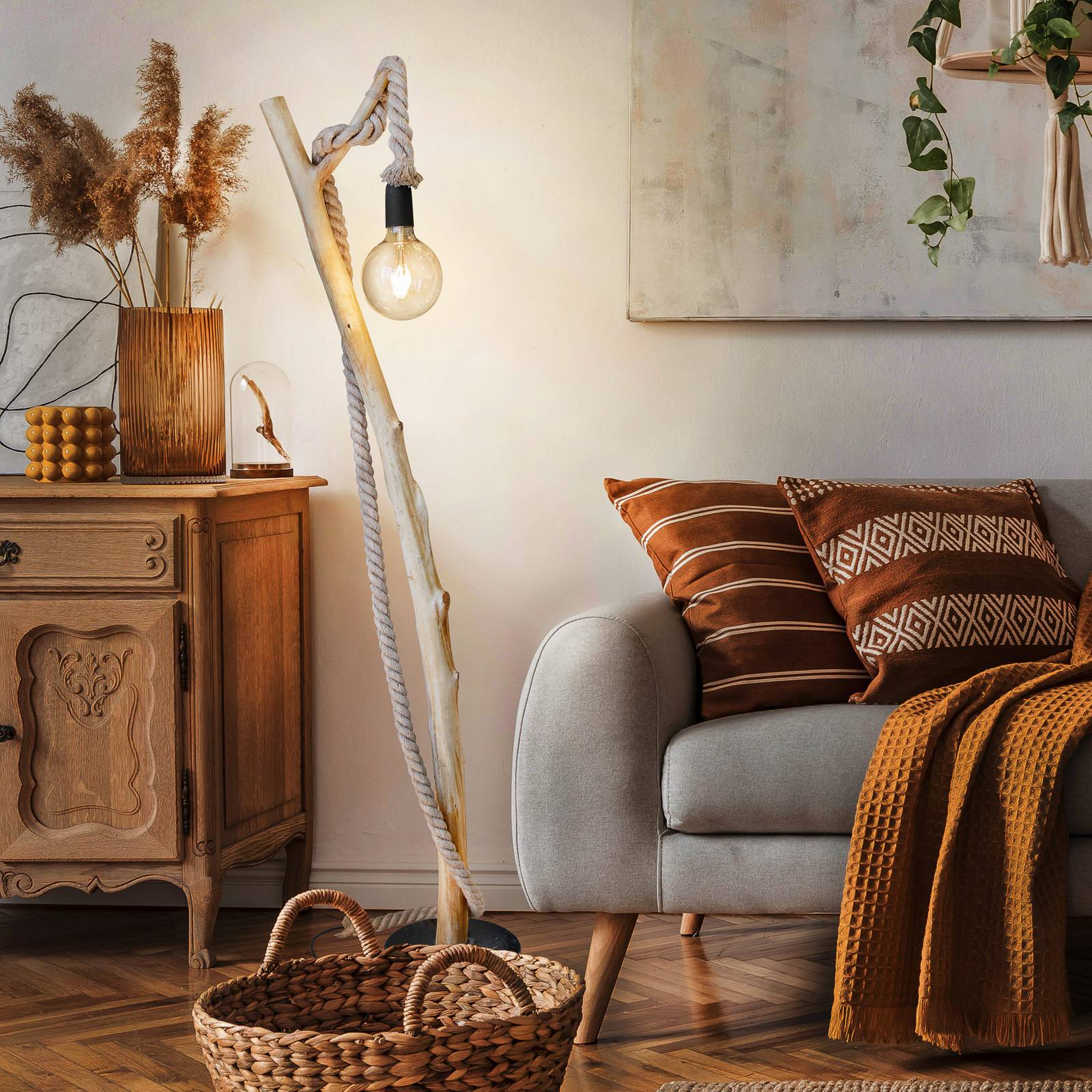 Stehleuchte Nerida, hellbraun, Holz/Hanf, Höhe 150 cm günstig online kaufen