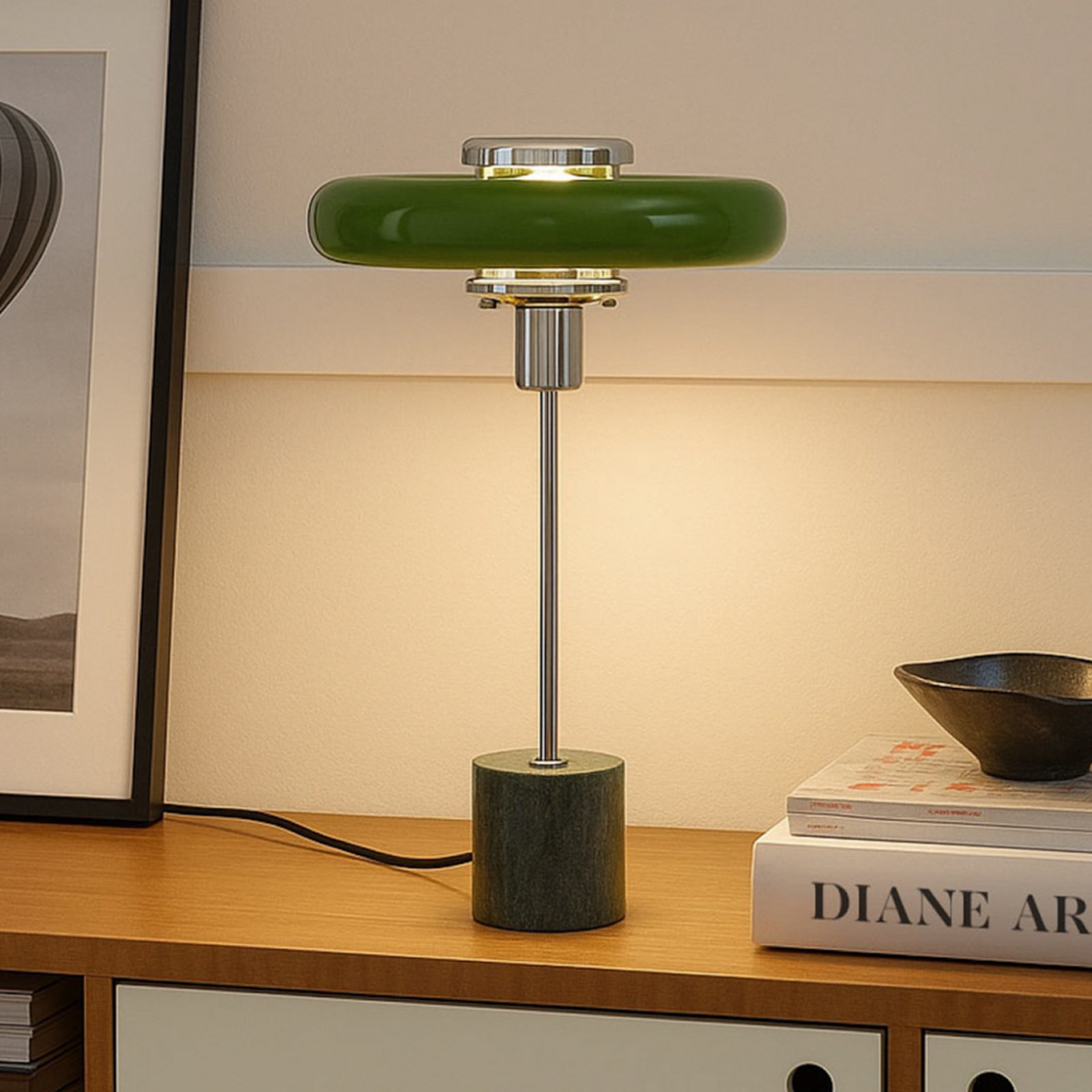 Lindby Stolová lampa Branford, retro, zelená, kov/mramor