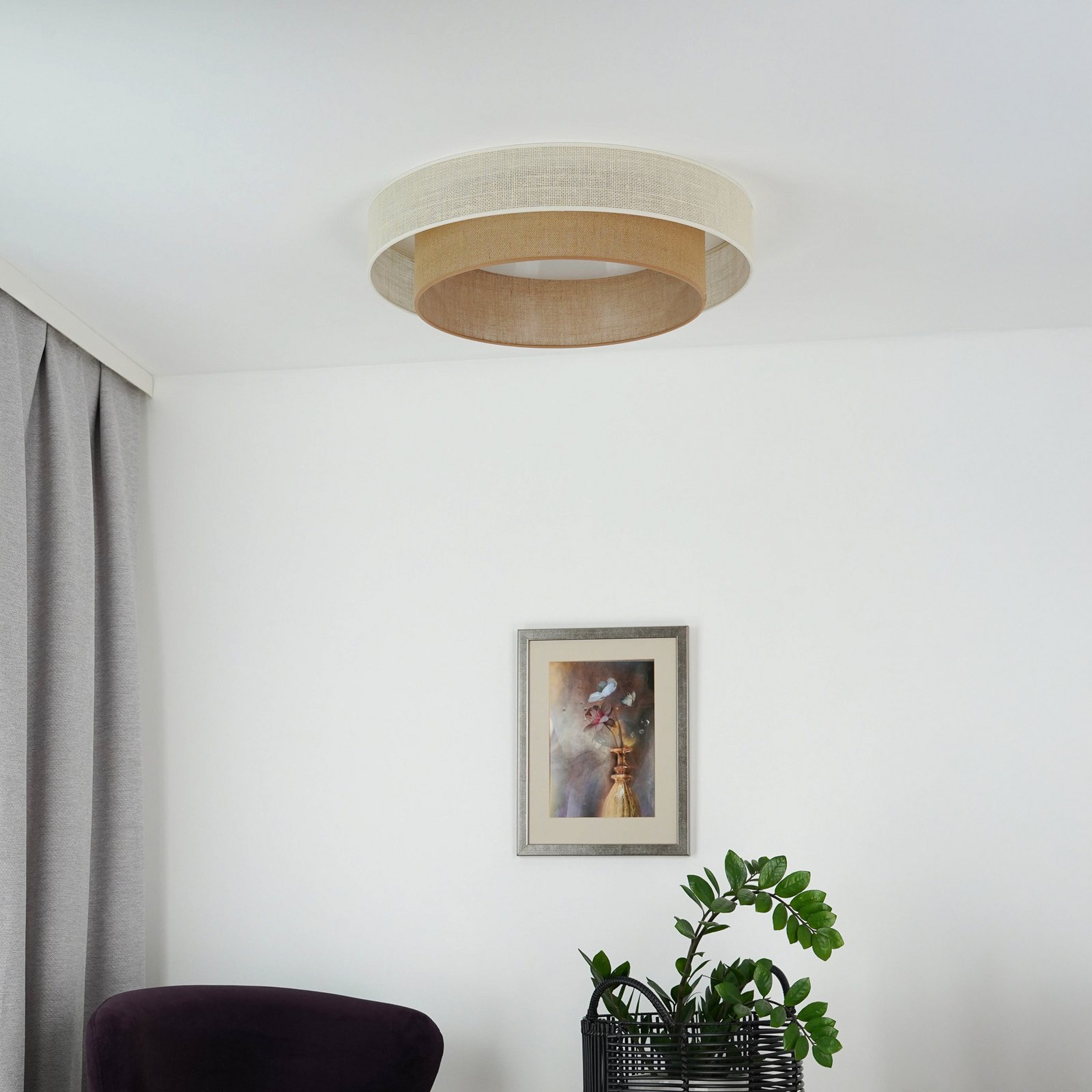 LED griestu gaisma Luneta, džuta, balta/brūna, Ø 60 cm, 3 pakāpju izslēgšana