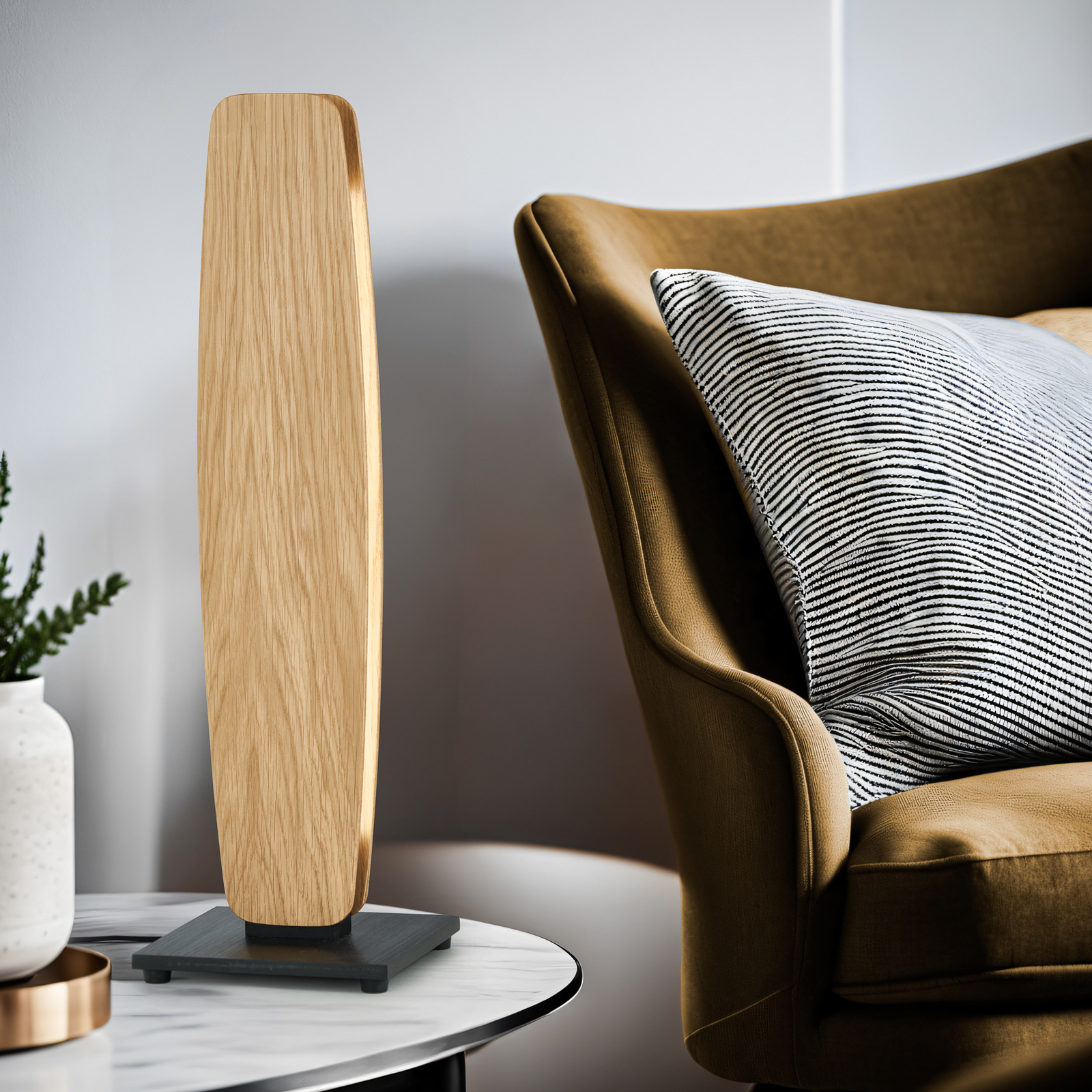 Quitani LED stolna lampa Persida, visina 50 cm, hrast, 2.700 K