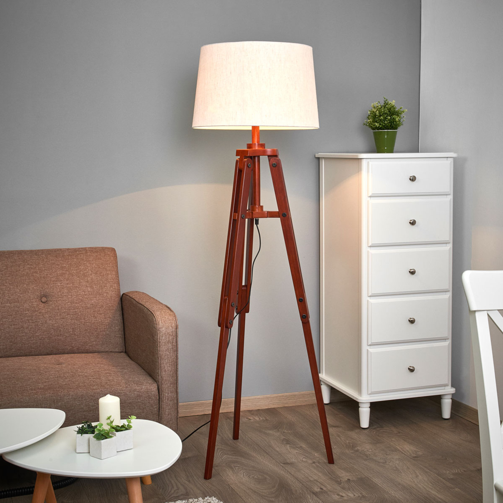 SEA-Club Tripod floor lamp Marvin in wood, height 158 cm, for Living / Dining Room, fabric, wood, E27, 60 W, energy efficiency: A++, H: 158 cm