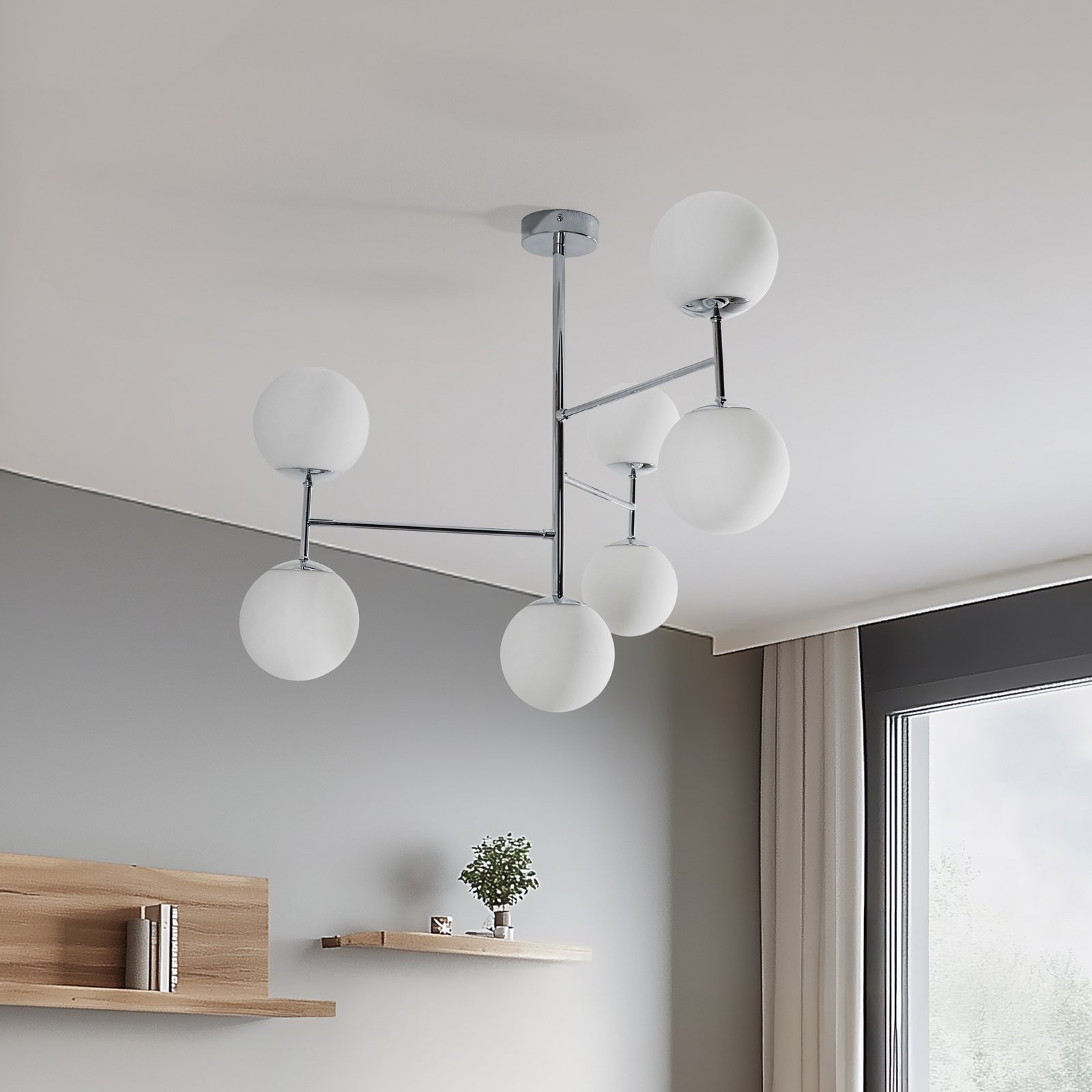 Plafonnier Korek, chrome/blanc, verre, 75 cm, à 7 lampes, E14