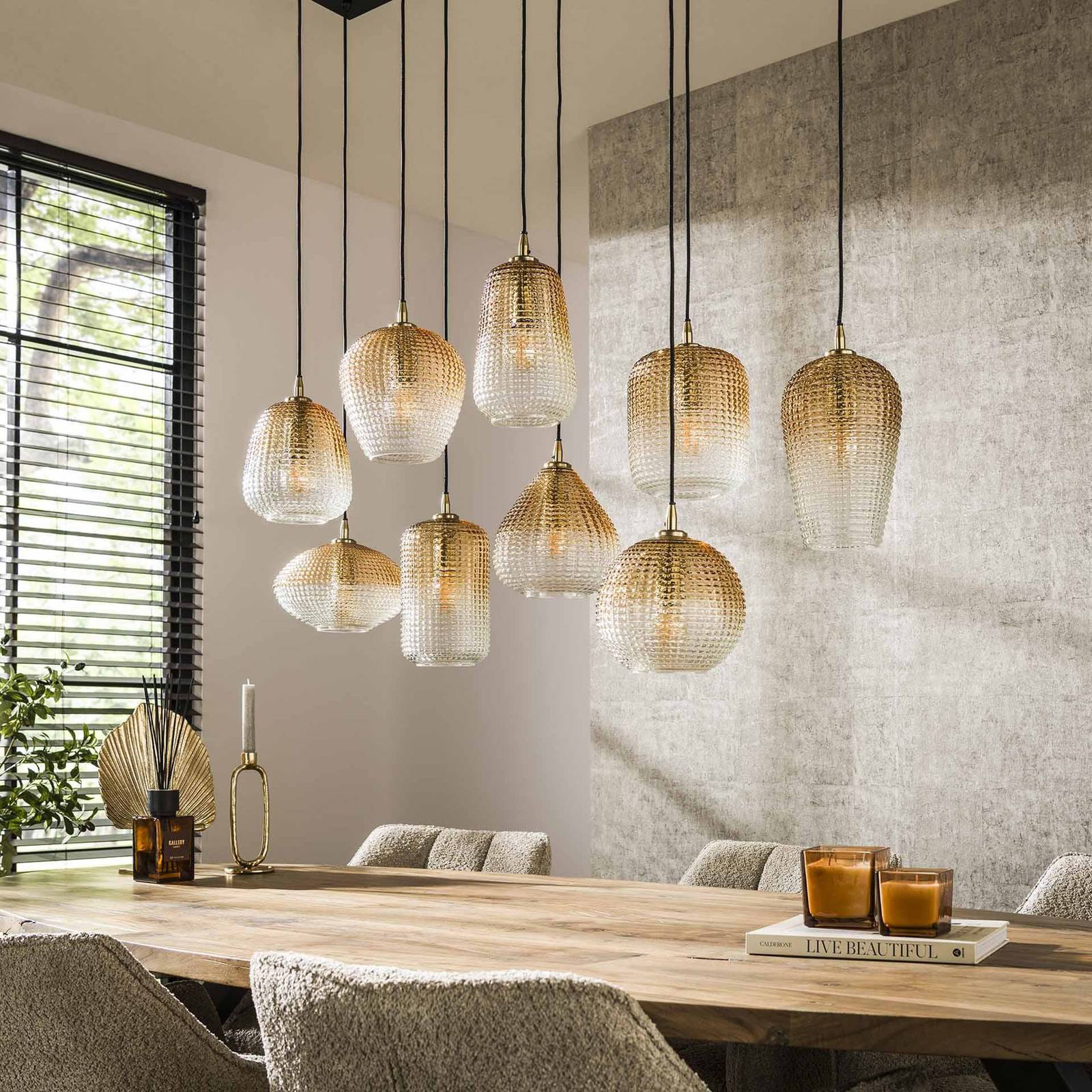 Lampa wisząca Dot, bursztyn, 120 x 40 cm, szkło, 9-punktowa