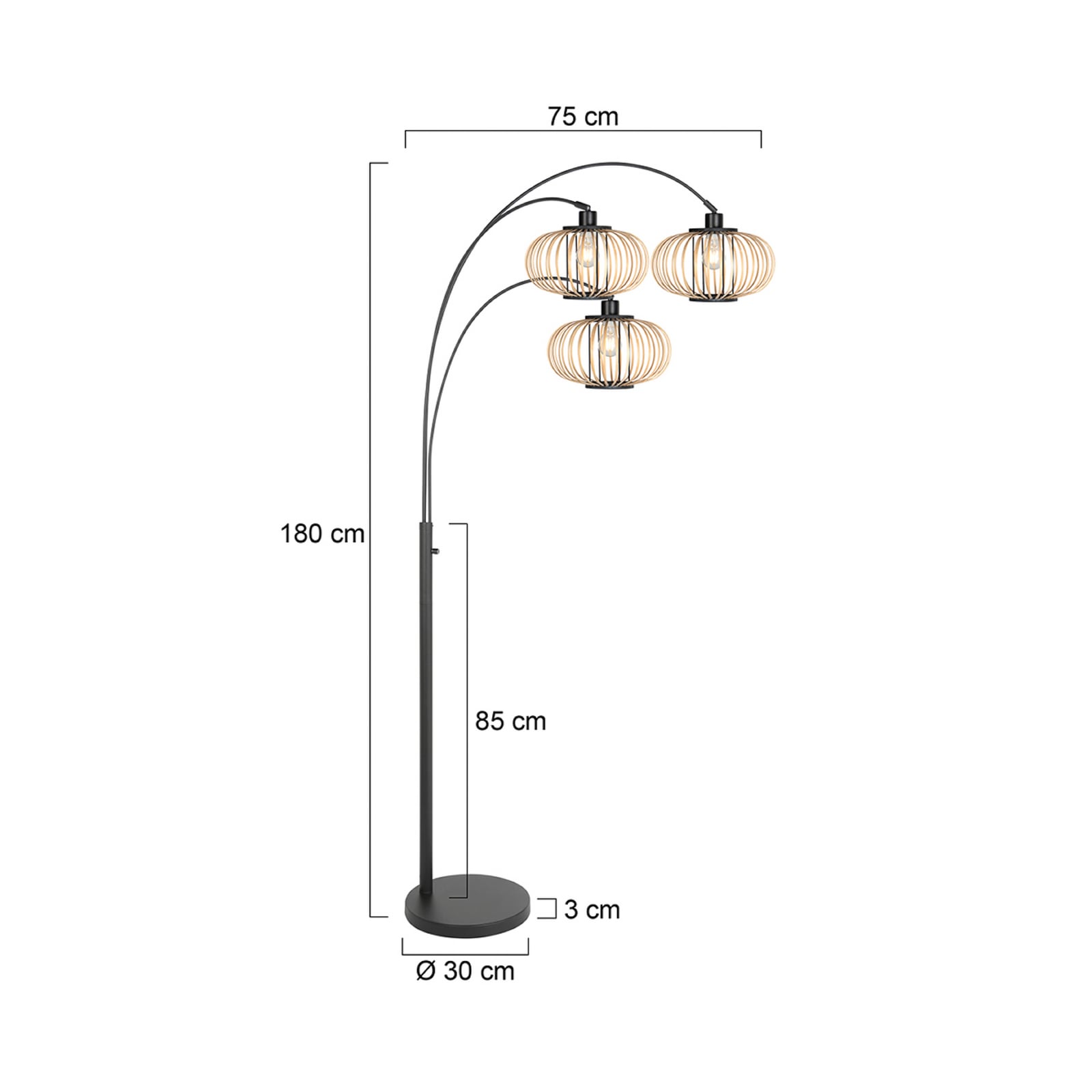 Lámpara de pie Nox Light de 3 luces, negra, con varillas de bambú, E27