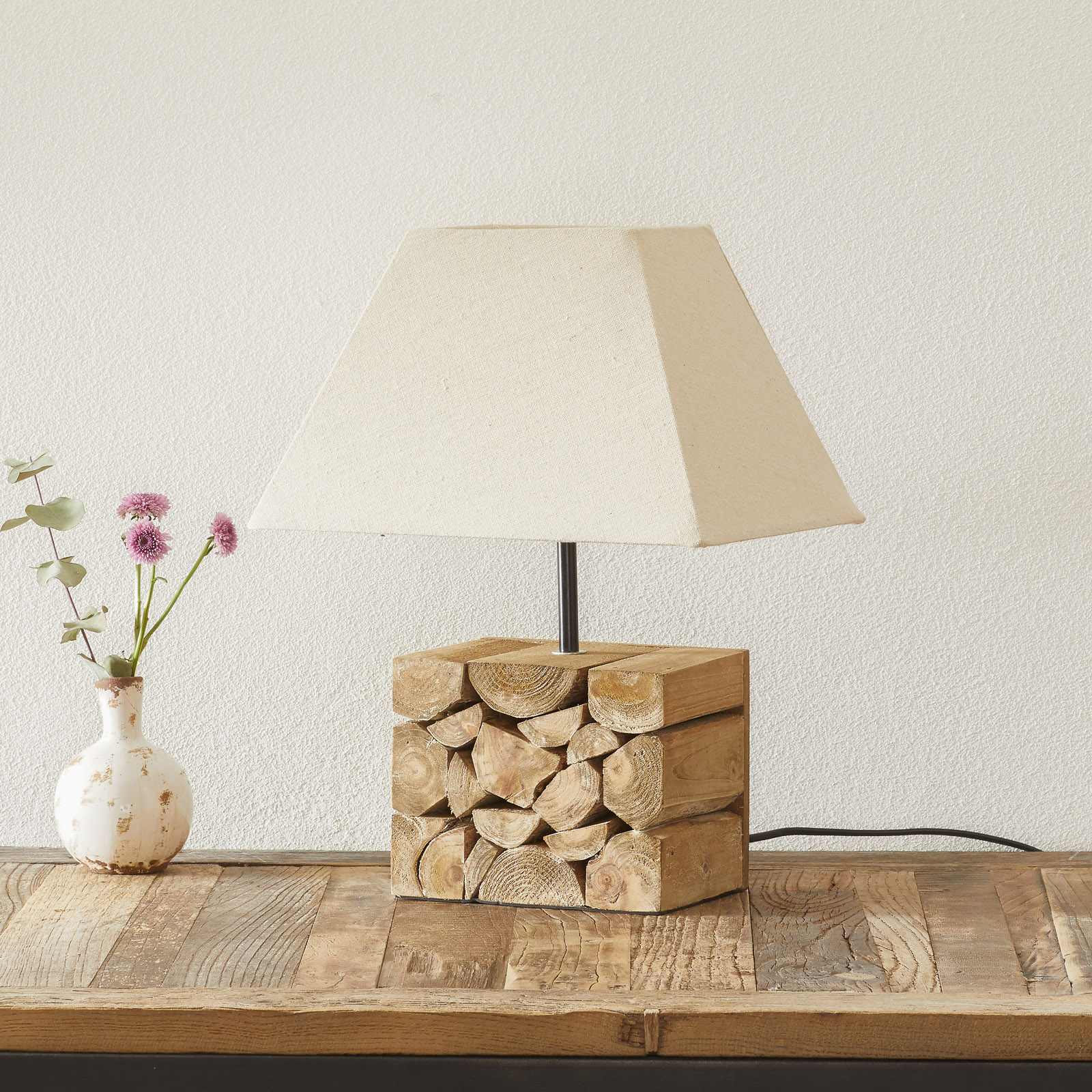Freelight Camino table lamp with wood and fabric height 40cm, for Living / Dining Room, metal, wood, fabric, E27, 40 W, energy efficiency: A++, H: 40 cm