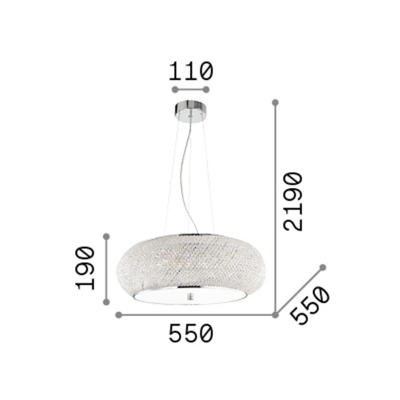 Suspension Pasha d'IDEAL LUX, finition chromée/transparente, Ø 55 cm, verre