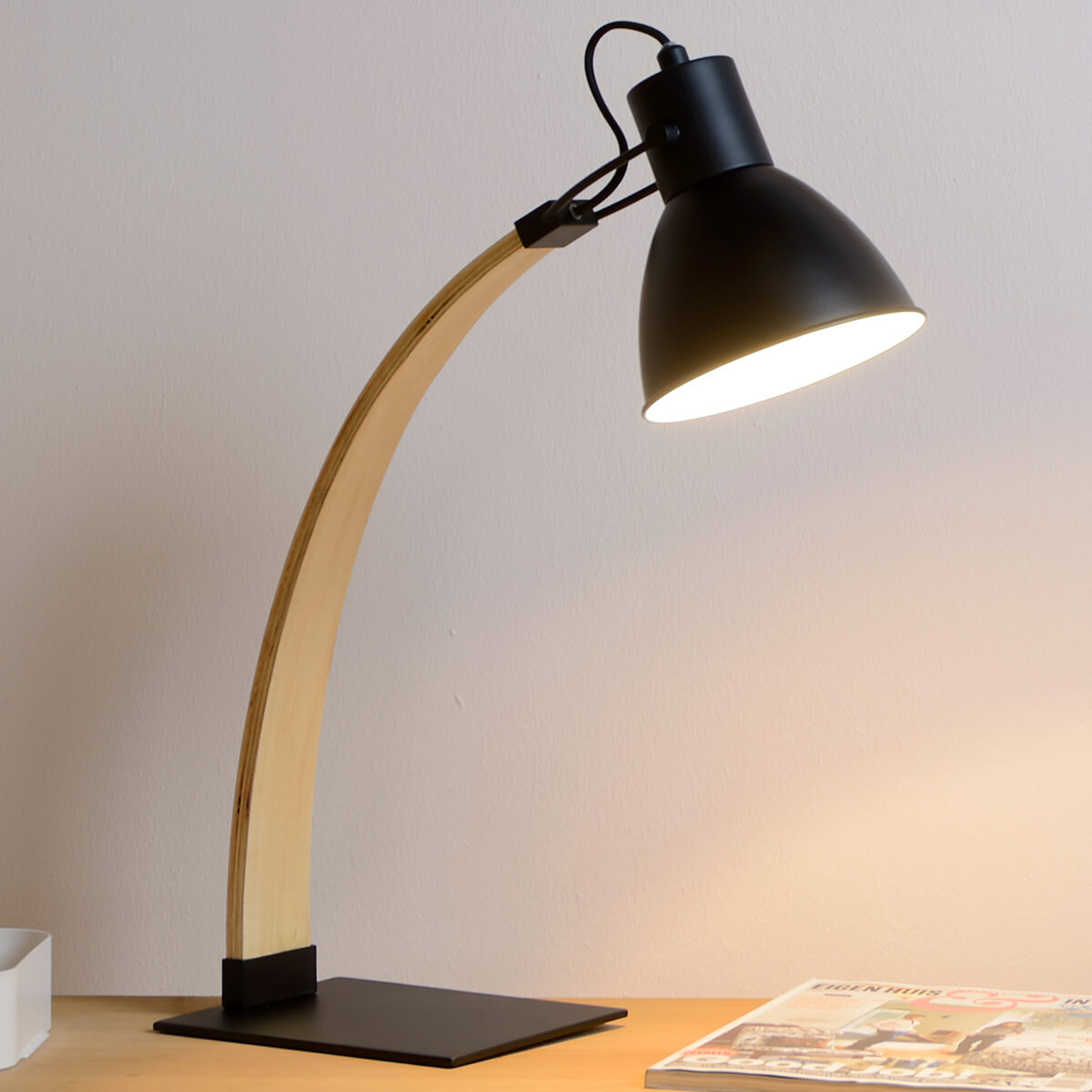 Lucide Splendid table lamp Curf, black, for Living / Dining Room, metal, wood, E27, 60 W, energy efficiency: A++, H: 54 cm