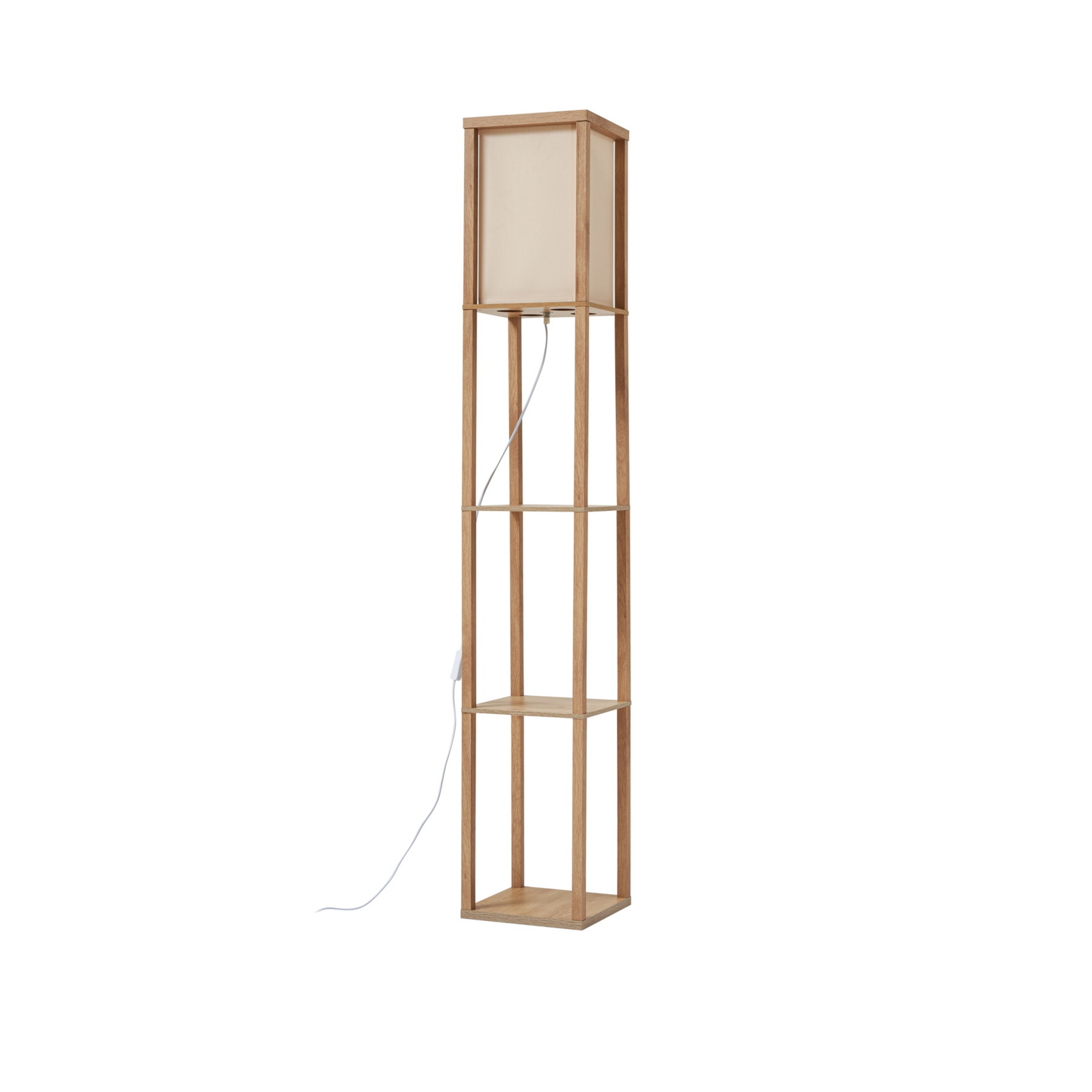 Birta floor lamp, wood colour/white, shelf, wood - Lindby
