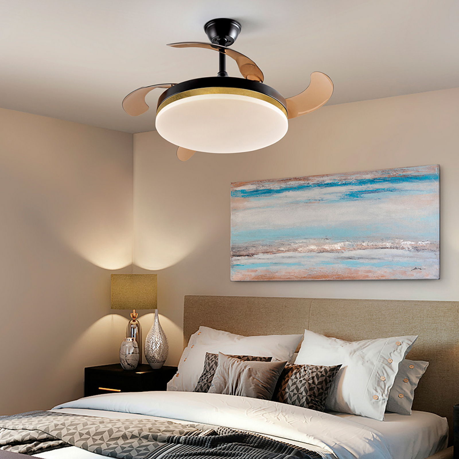 LED stropni ventilator Vento črn/zlati/dimast Ø 100 cm tih