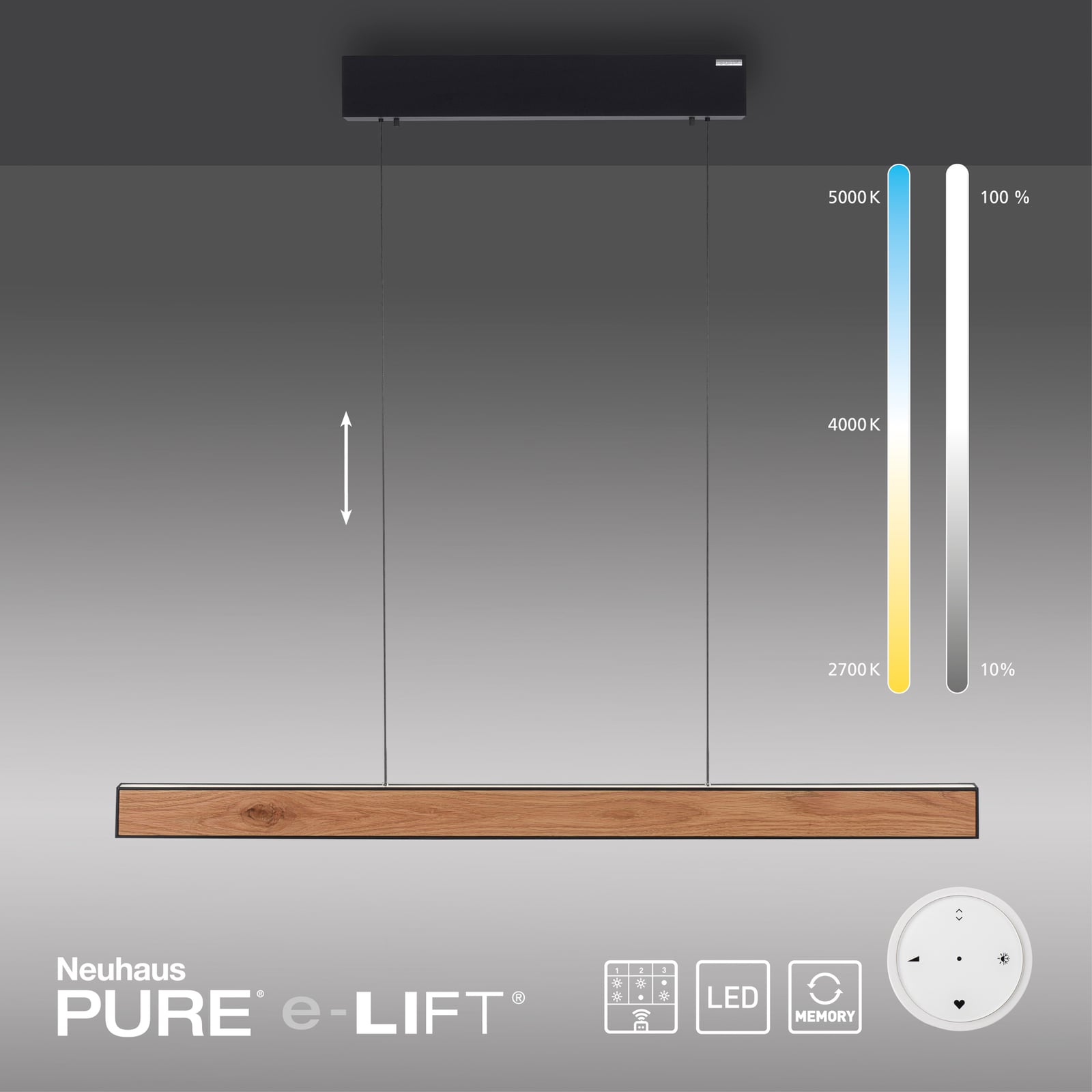E-Motion LED-pendellampa, ek/svart pärlemor, CCT – PURE E-Motion LED-pendellampa, ek/svart pärlemor, CCT – PURE