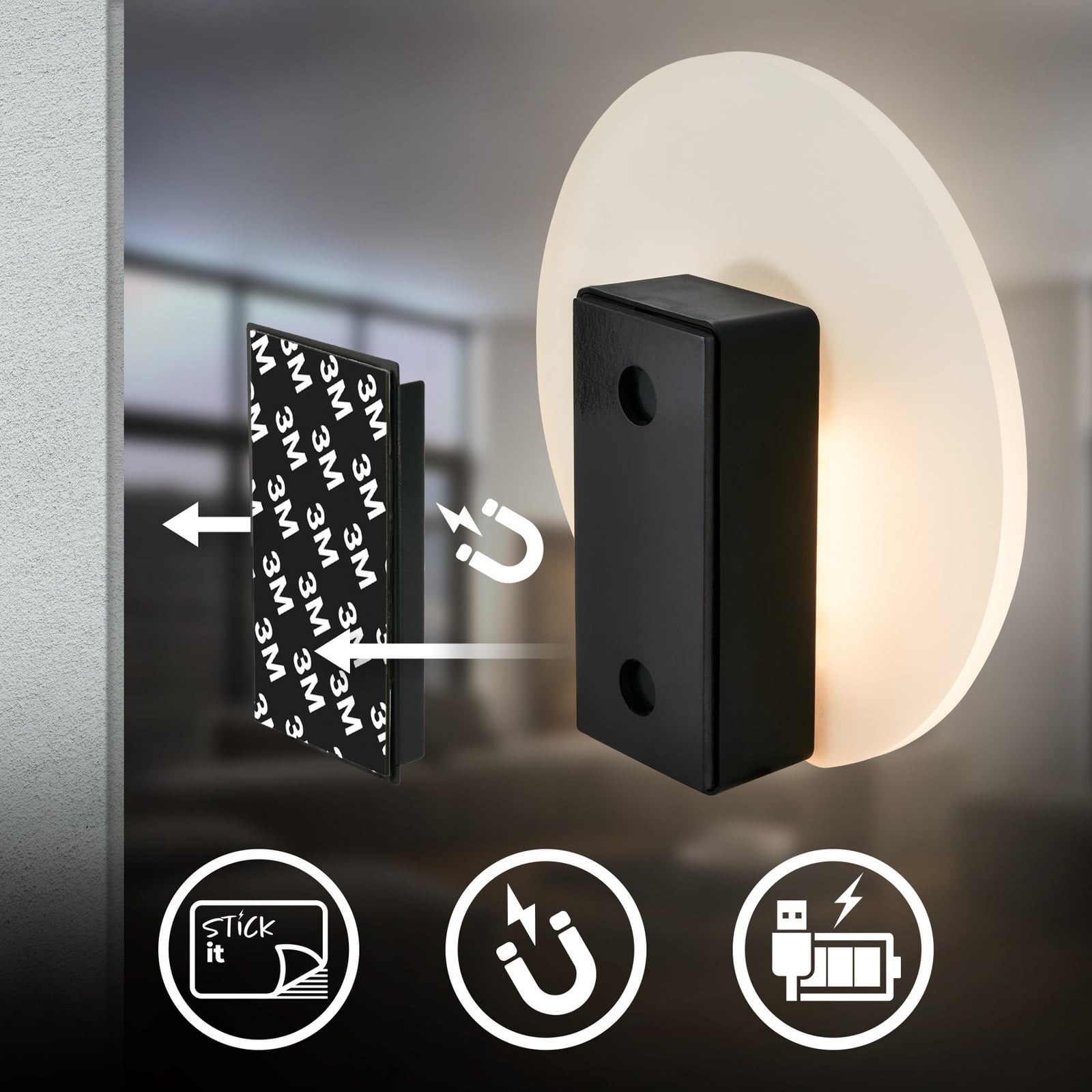 LED battery wall lamp Taro, matt black, Ø 15 cm, sensor