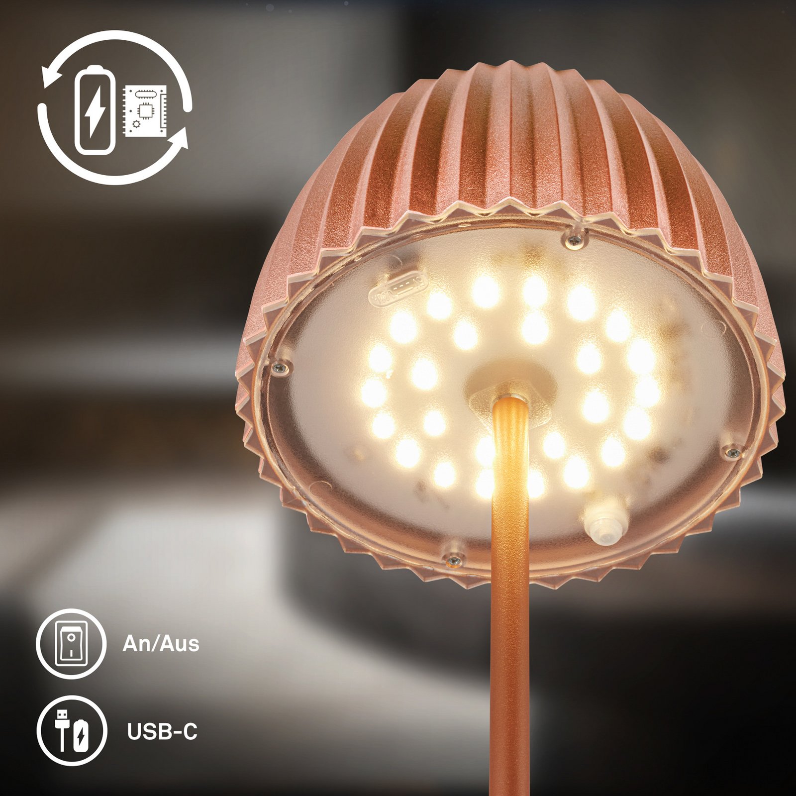 Lampe à poser LED rechargeable Brilo unplugged Riffle, 36 cm, cuivre