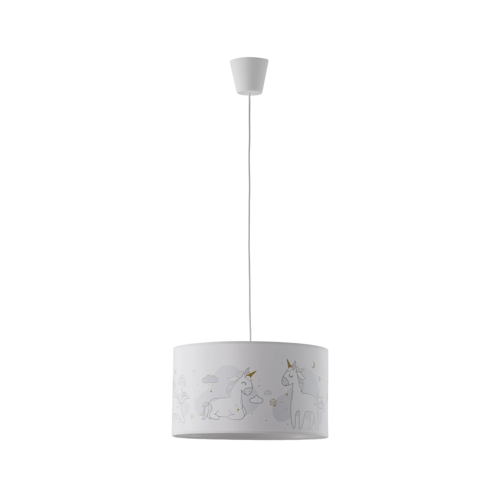 Závesné svetlo Mila, Ø 35 cm, biela, látka, jednorožce, E27