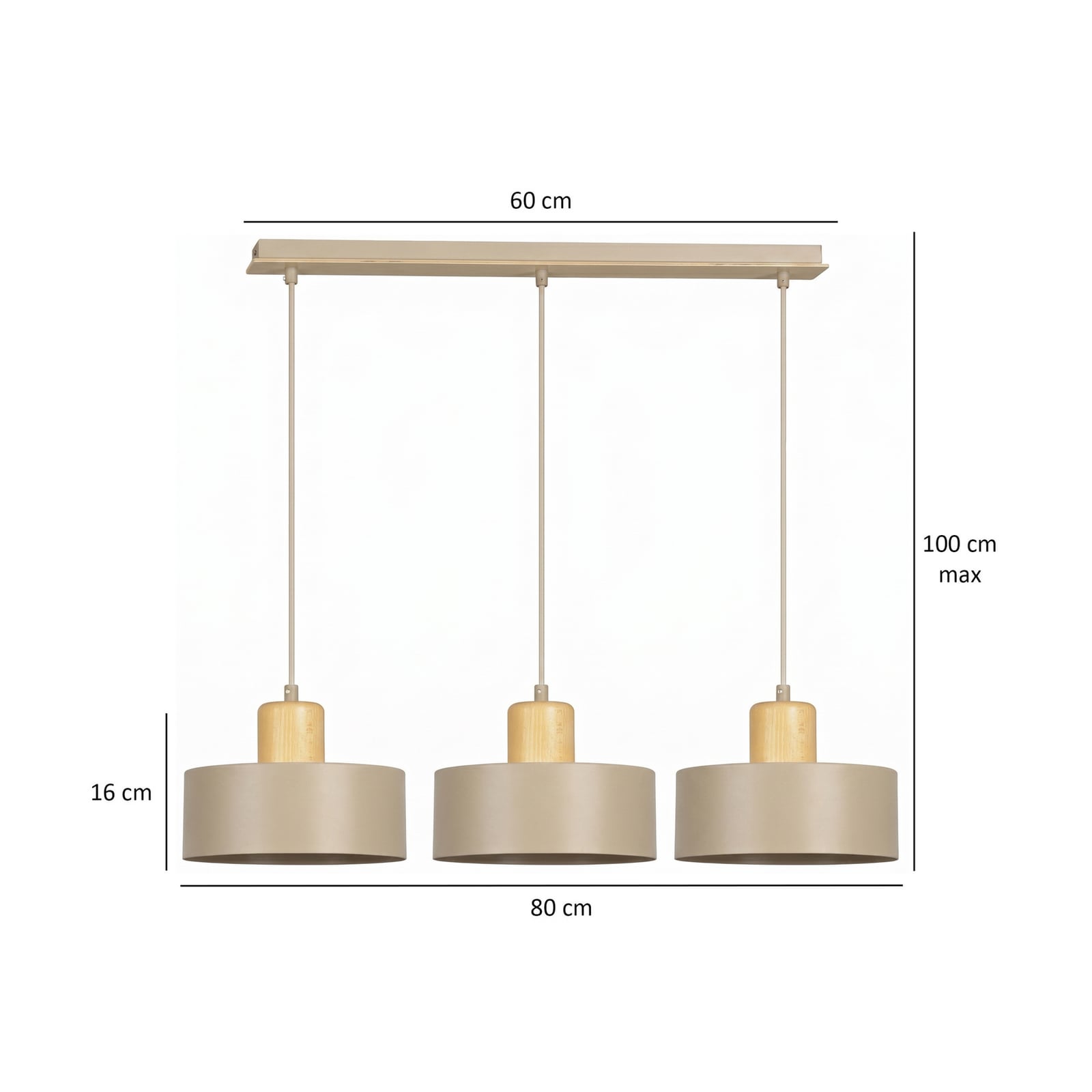 Torin pendant light, beige, length 80 cm, 3-bulb, metal and wood Torin pendant light, beige, length 80 cm, 3-bulb, metal and wood