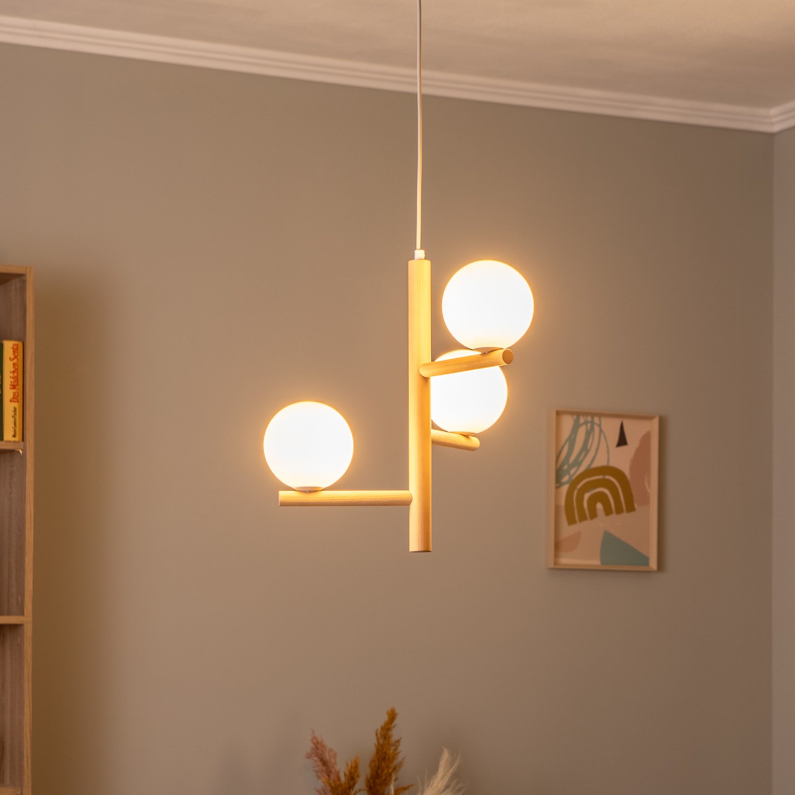 Hanglamp Estera, opaalglas, hout, 3-lamps