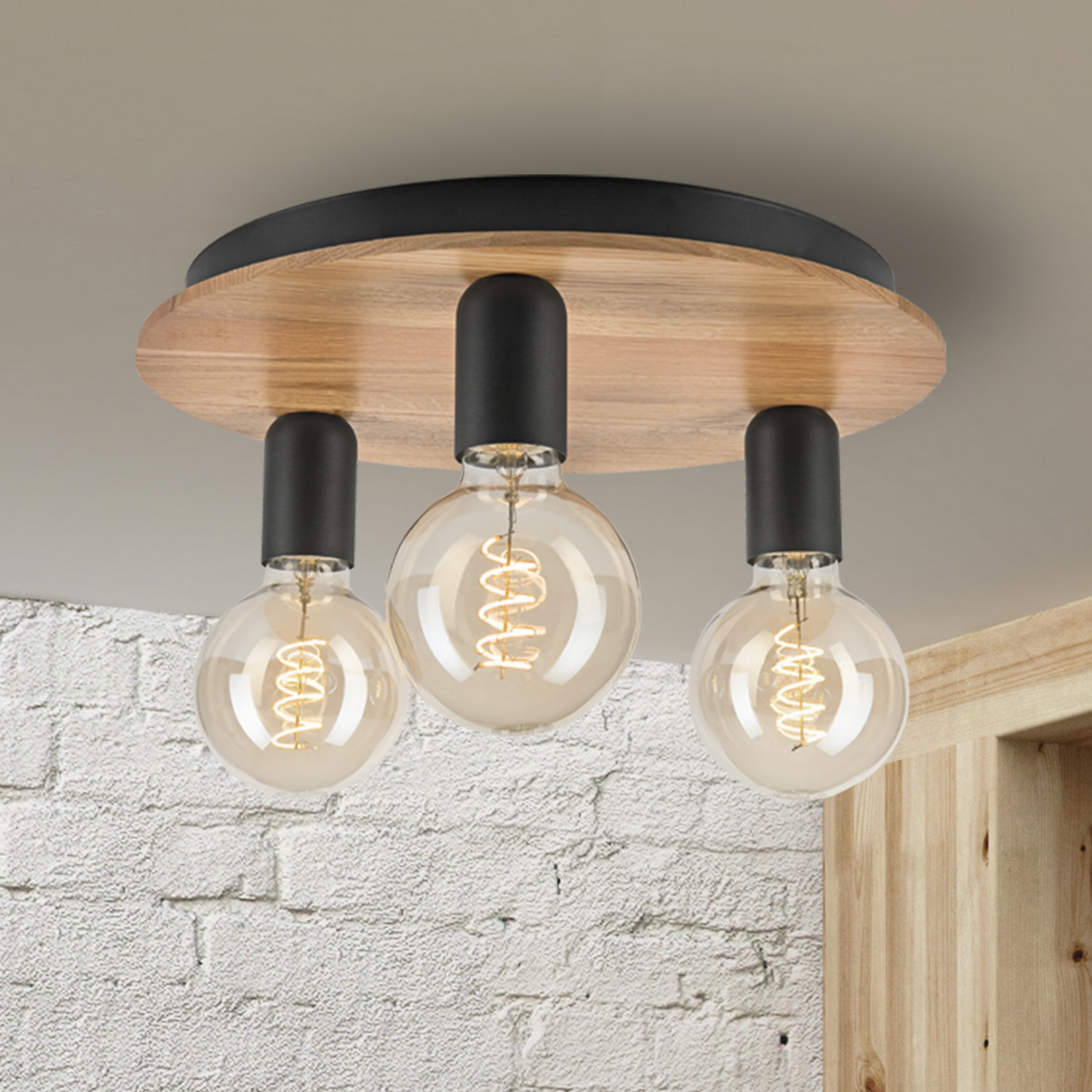 Plafonnier Dusty, bois de hêtre, noir, Ø 33 cm, à 3 lampes