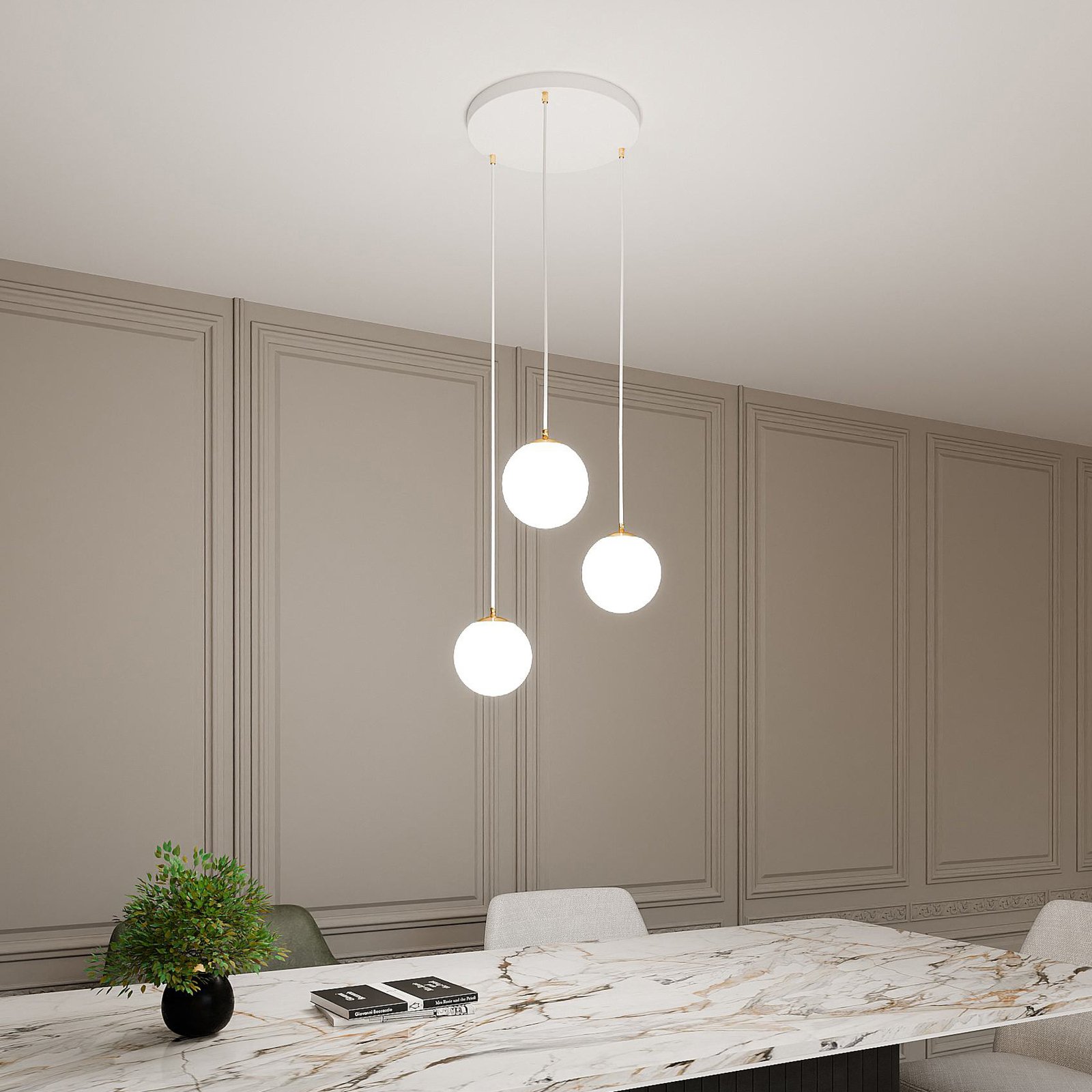 Suspension Royal, 3 lampes, blanc opalin/blanc, verre, E14