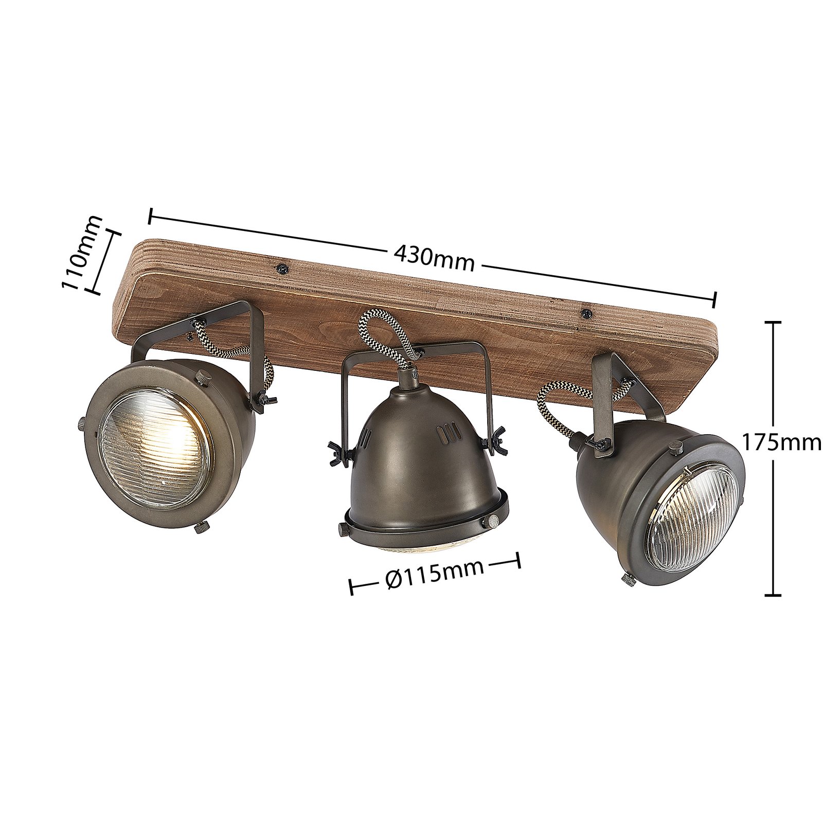 Lindby Deckenspot Farovi, schwarz, 44 cm, 3-flg., Holz, GU10