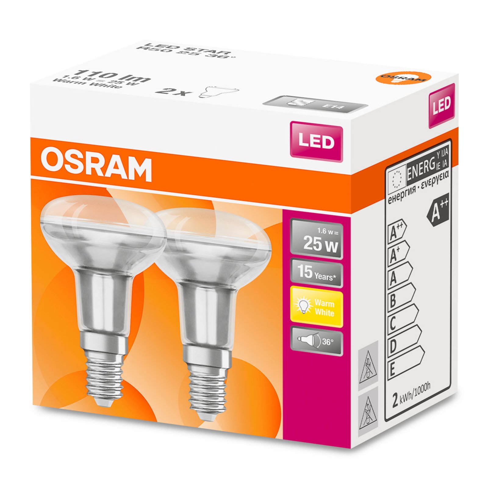 OSRAM LED-reflektor E14 R50 1,6 W 2 700 K 2-pakk
