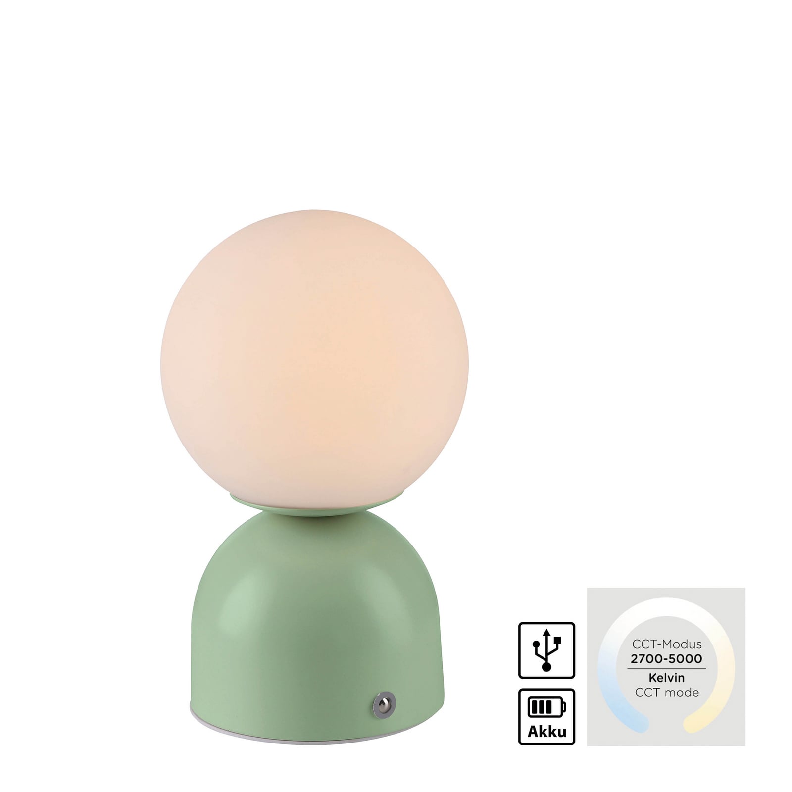 LED-akutoitel laualamp RUDI, roheline, kõrgus 20 cm, CCT, puutetundlik hämardus