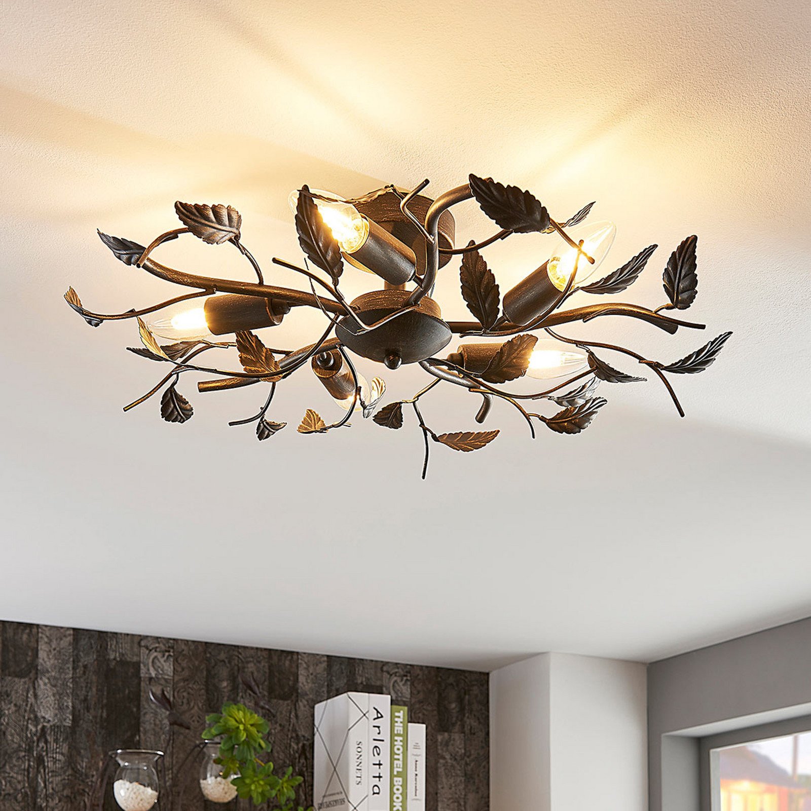 Lindby plafonieră Yos 5 becuri 58 cm negru-cupru E14 - dormitor - Florentin - negru cupru periat - Metal