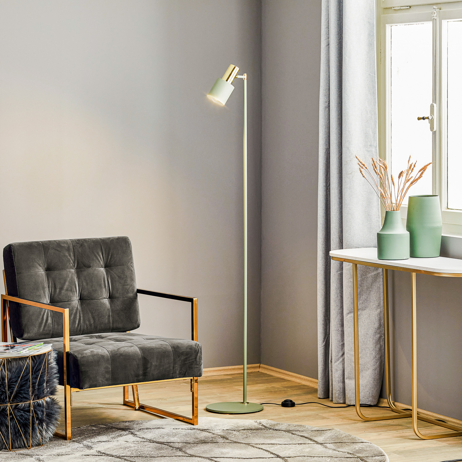 Destin floor lamp, adjustable green/brass