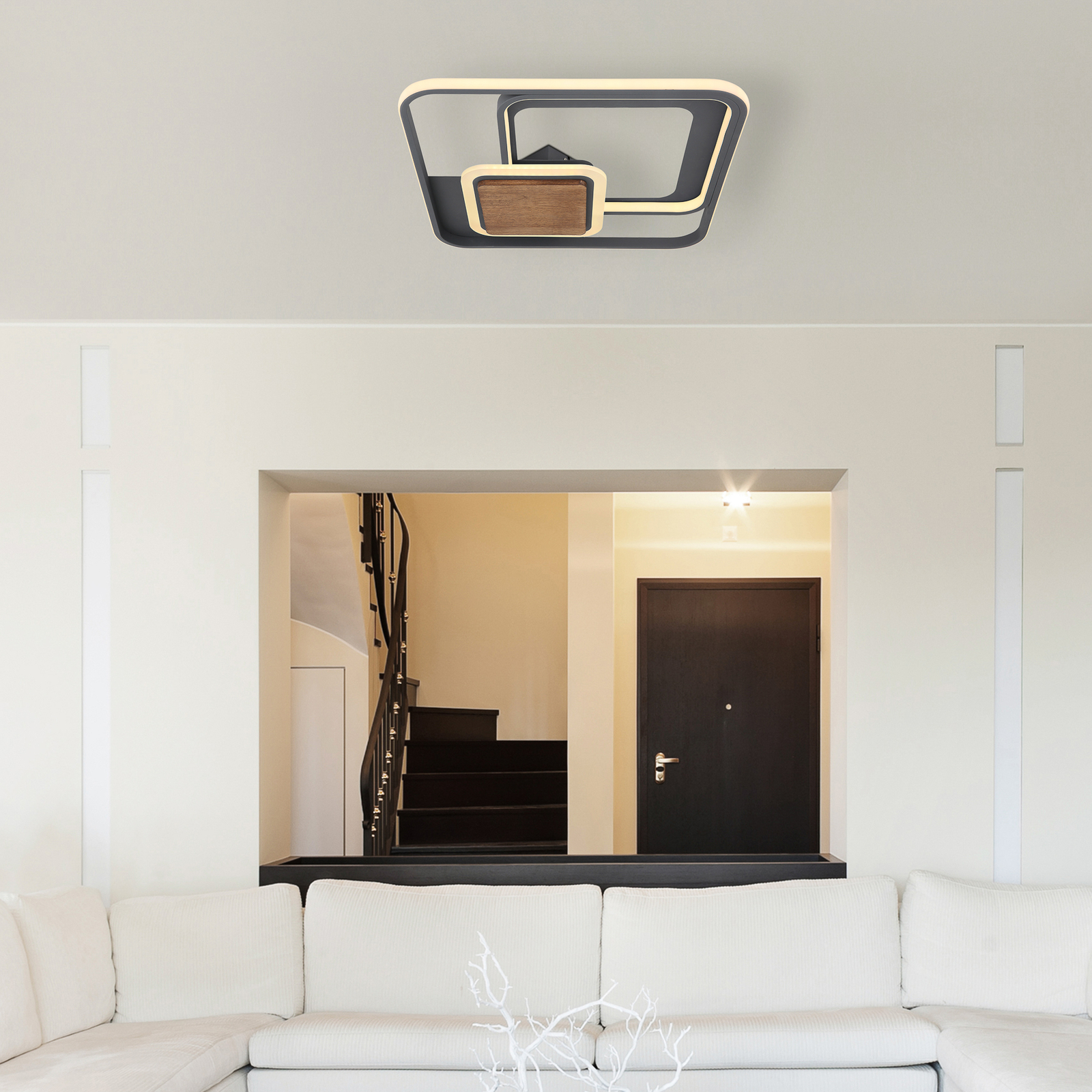 LED-Deckenleuchte Nirra mit Holzplatte, 3fl, eckig
