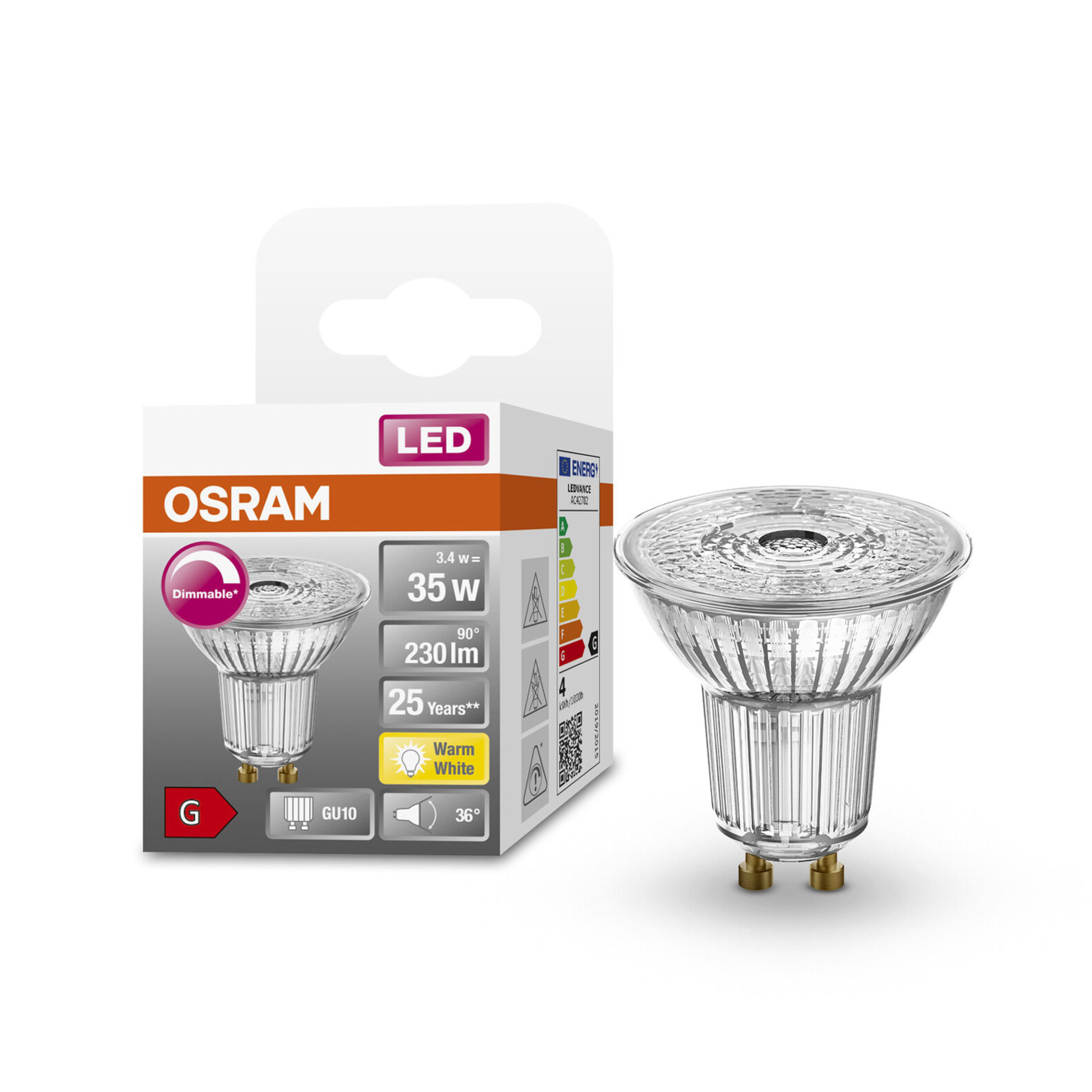 OSRAM LED stekleni reflektor GU10 3,4W 927 36° z možnostjo zatemnitve
