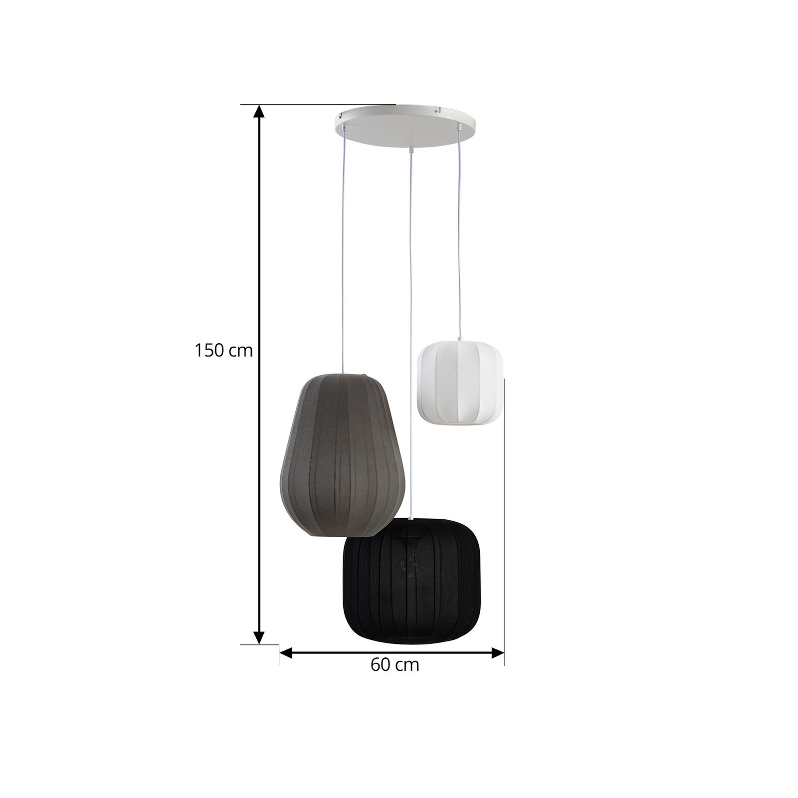 Lindby hanglamp Helin, 3-lamps, zwart/wit/grijs, 60 cm