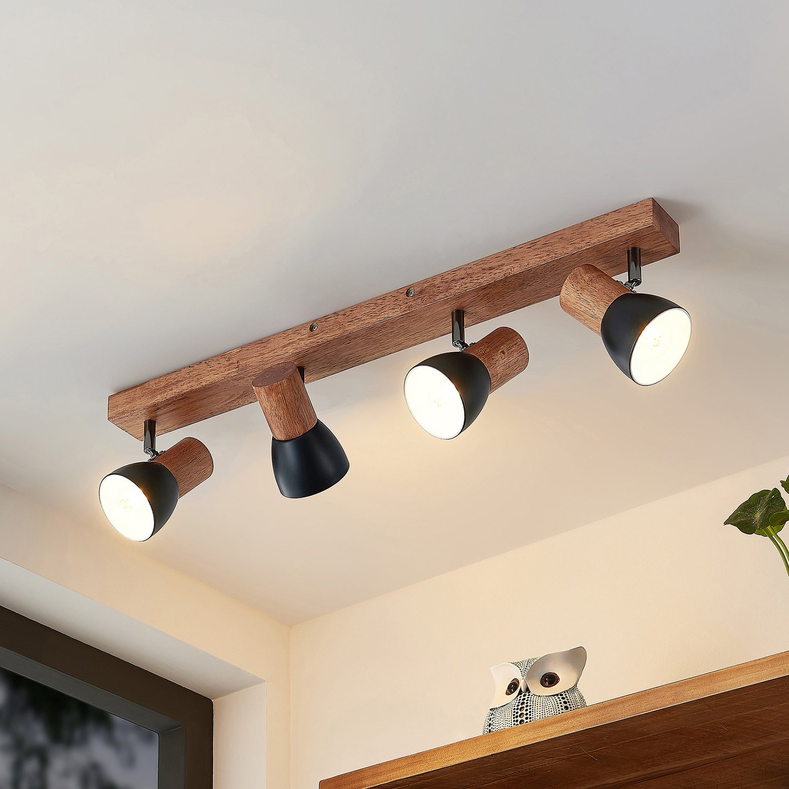 Lindby Tonja faretto da soffitto con legno, 4 luci