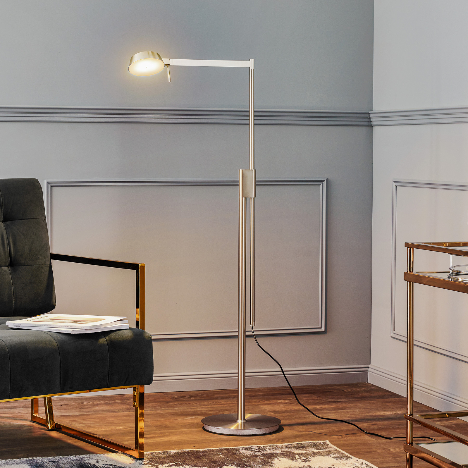 Rothfels Ulrik LED floor lamp, dimmer, nickel