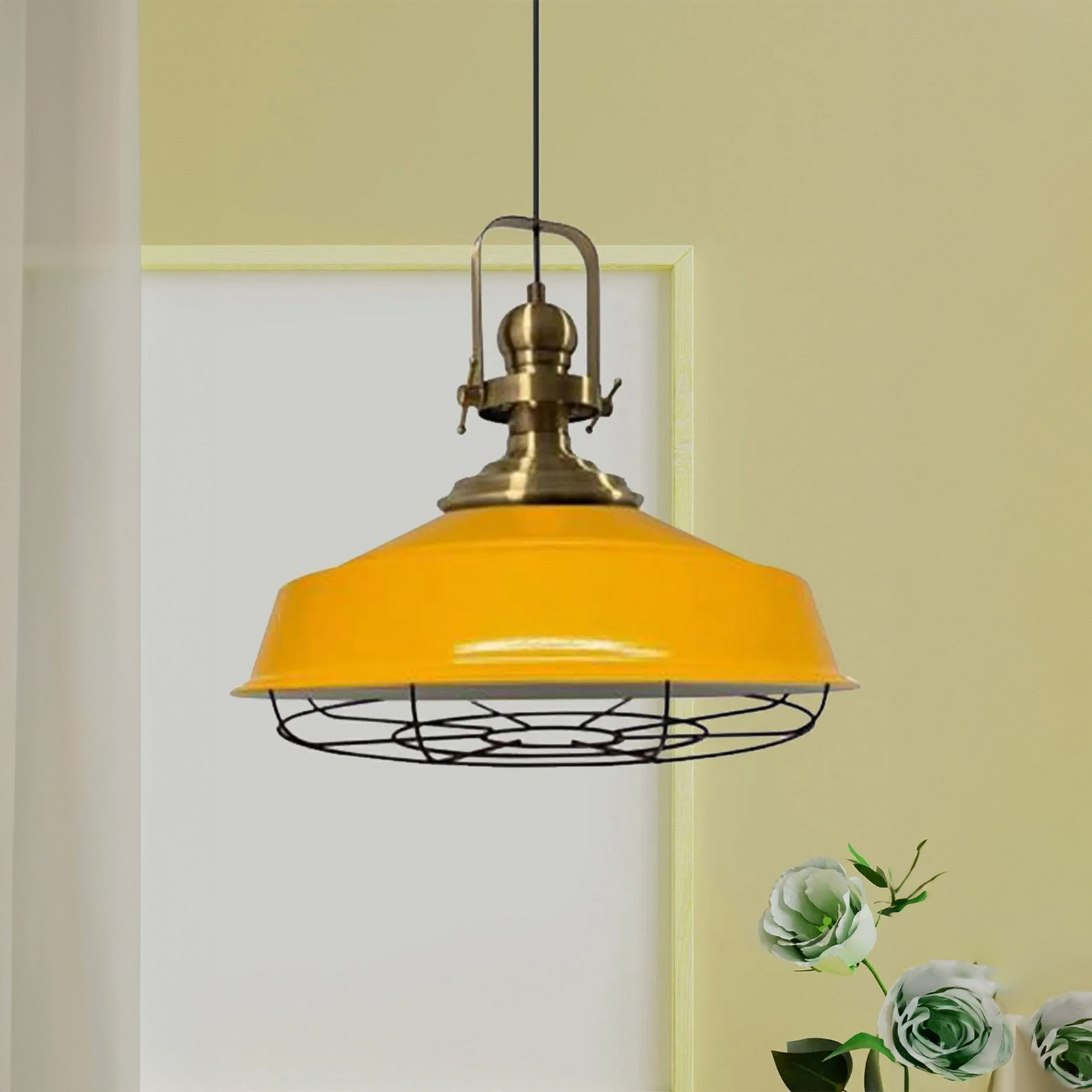 Suspension Astel, jaune, Ø 41 cm, métal, détail laiton vieilli