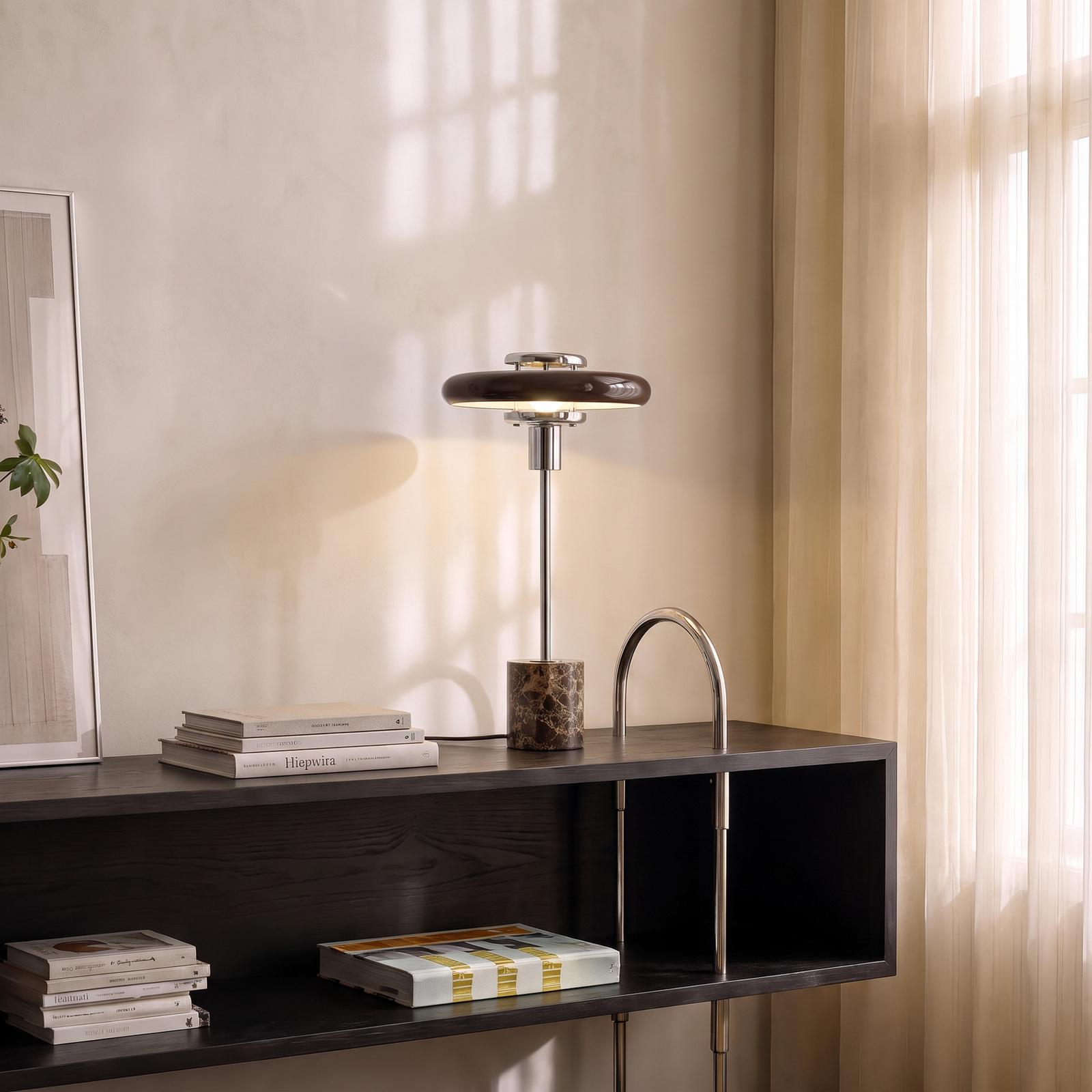 Lampe à poser Lindby Branford, style rétro, marron, verre/marbre