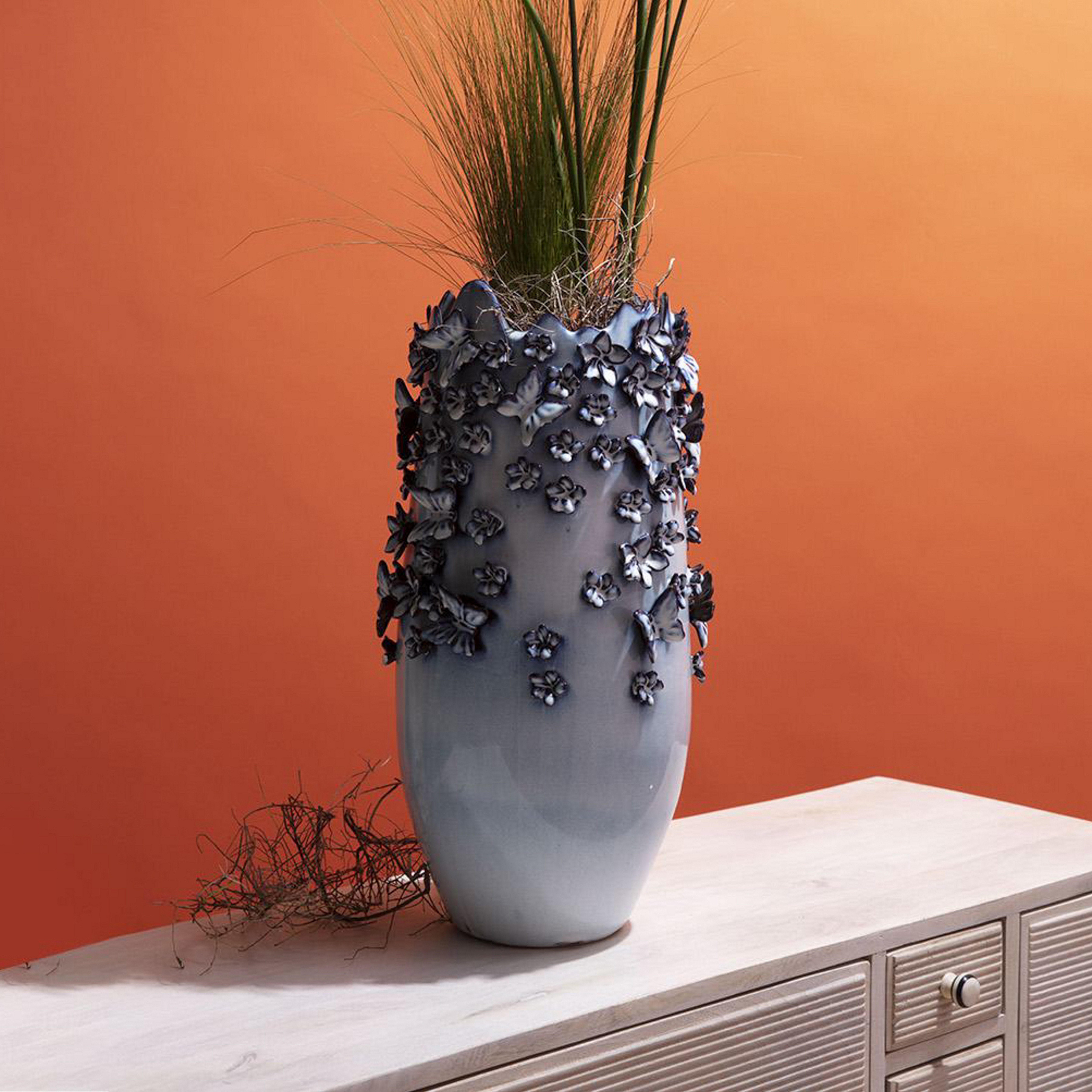 KARE Vase Butterflies, bleu clair, hauteur 50 cm, grès cérame