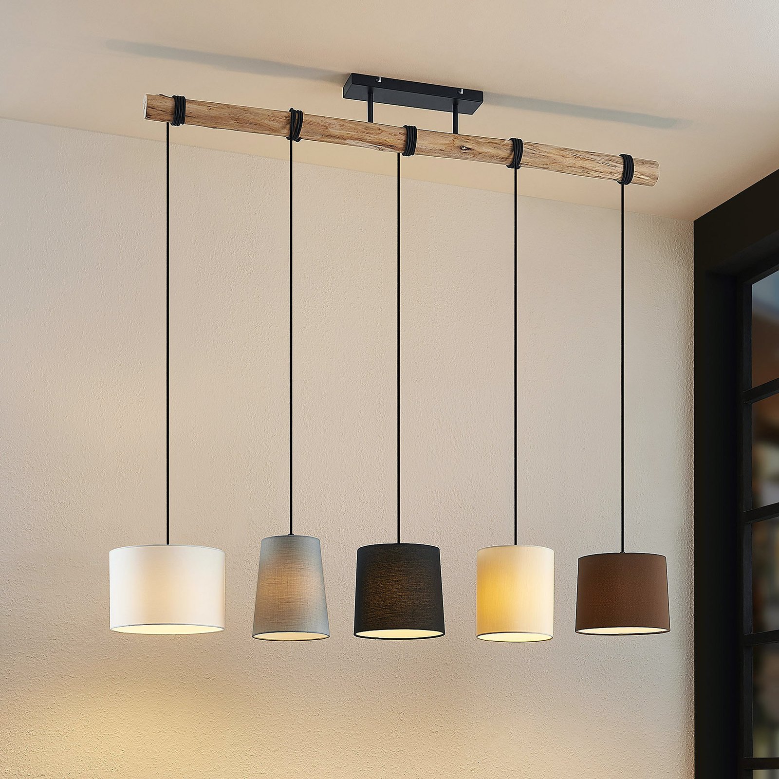 Lindby Hängeleuchte Amilia, Stoff, 5-flg., grau/beige, E27