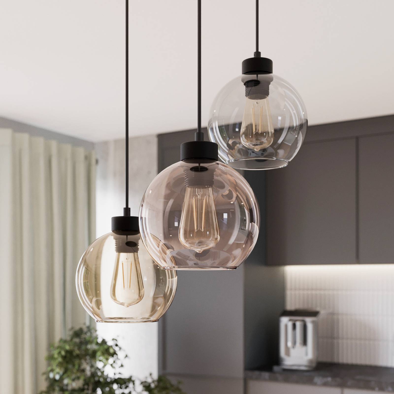 tk lighting suspension cubus à 3 lampes, transparent/miel/marron