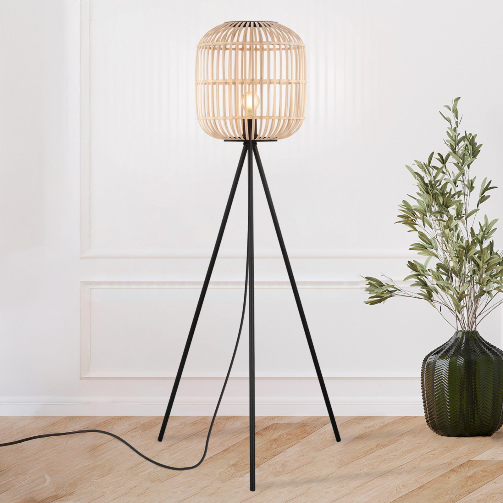 Lampadaire Bordesley trépied avec abat-jour bois