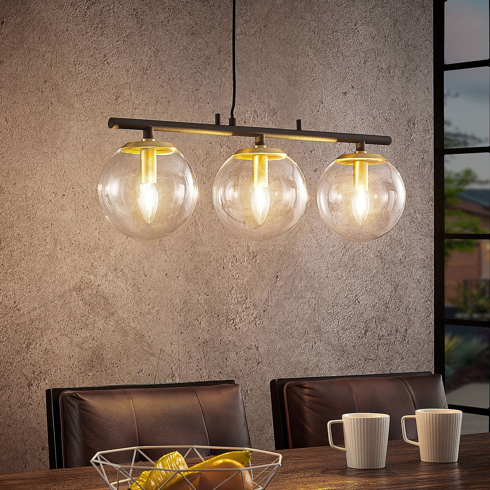 Lucande Sotiana hanging lamp, glass balls 3-bulb, for Living / Dining Room, glass, metal, E14, 40 W, energy efficiency: A++, L: 70 cm, W: 18 cm