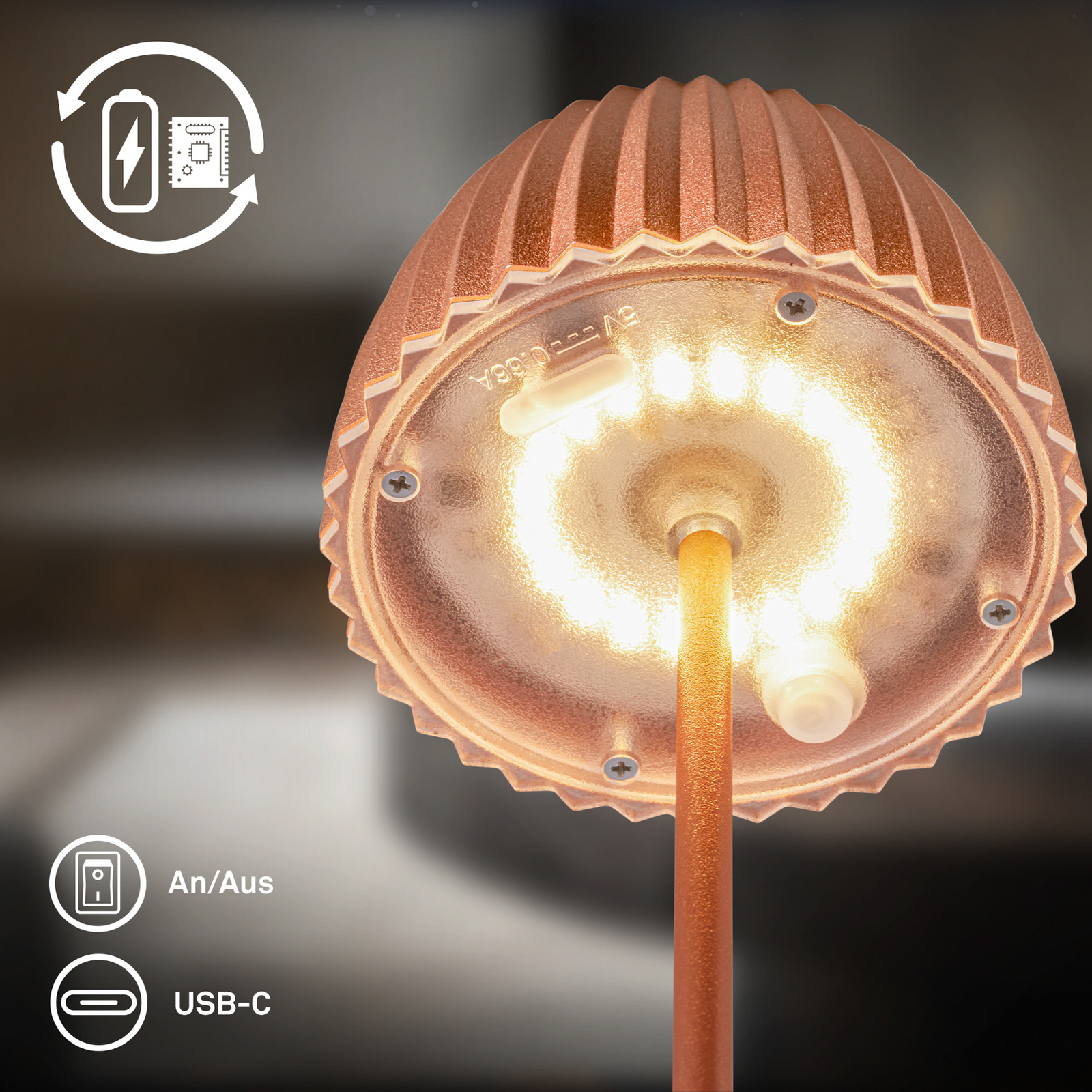 LED-Akku-Tischlampe Brilo unplugged Riffle, 20 cm, kupfer