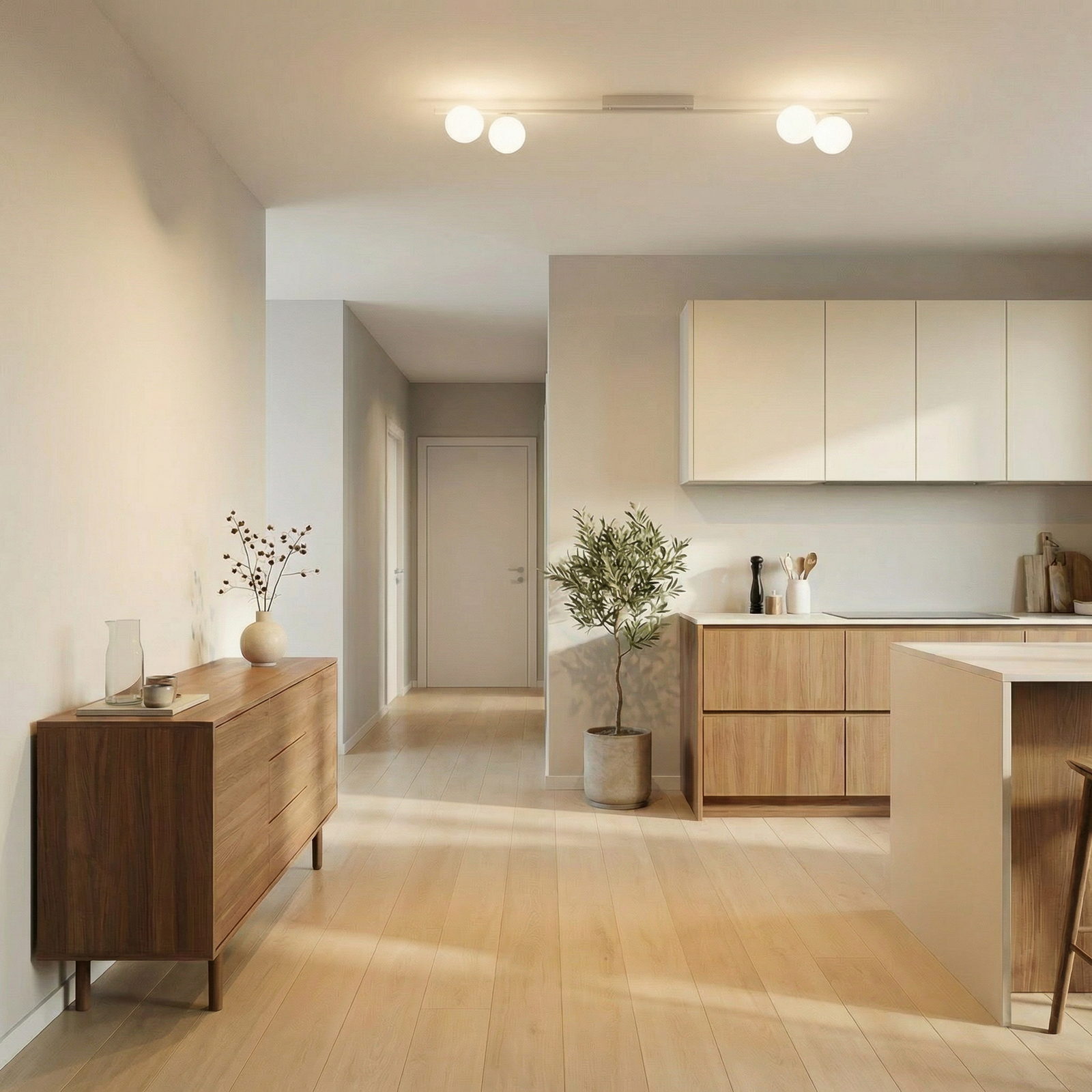 Plafón Imelo, color crema, 4 luces, cristal, longitud 140 cm