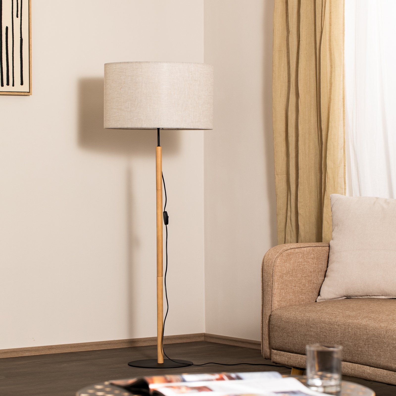 Podna lampa Deva Nature, tekstil, drvo