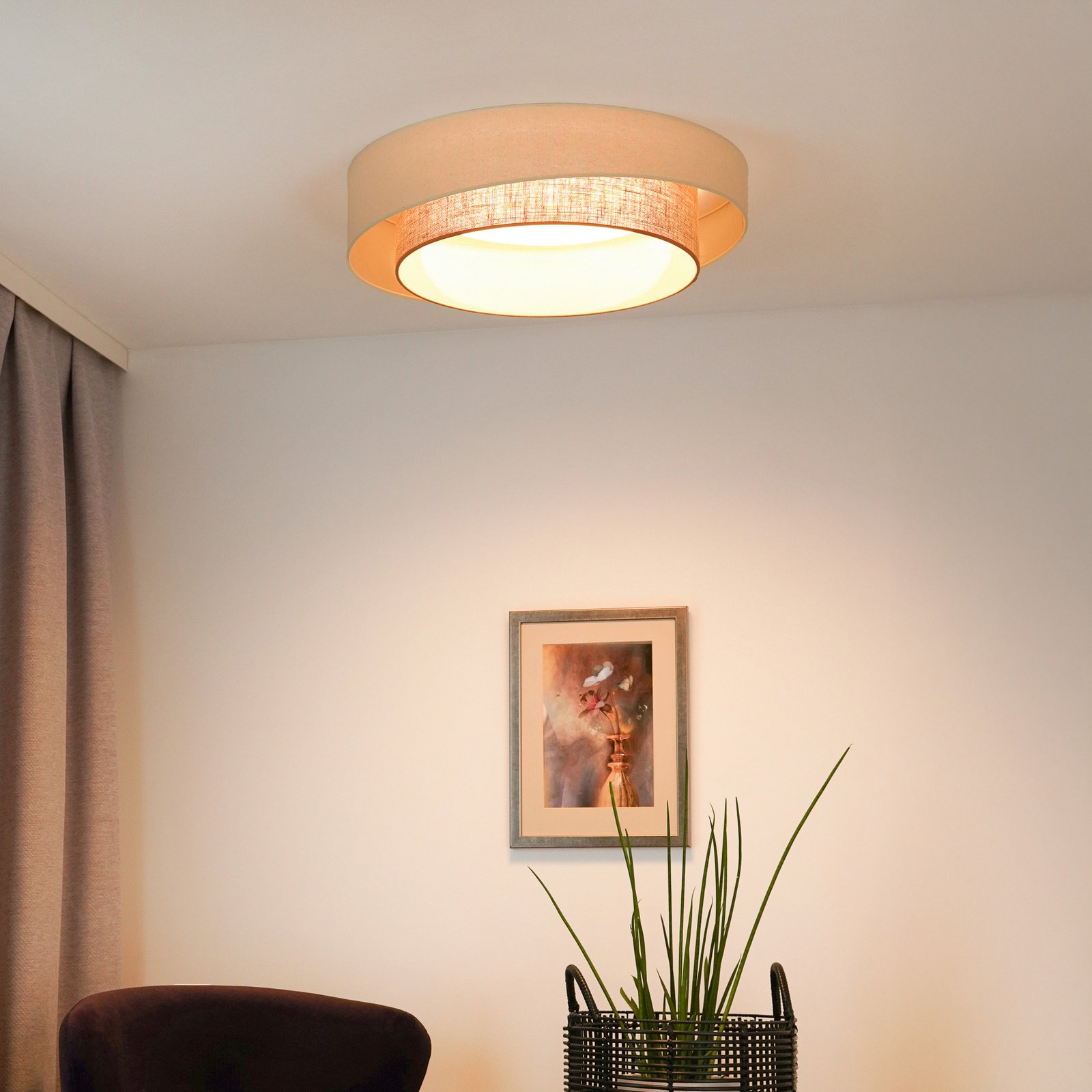 LED griestu gaisma Luneta S, džuta, smilškrāsas/brūnā krāsā, Ø 60 cm, 3 pakāpju